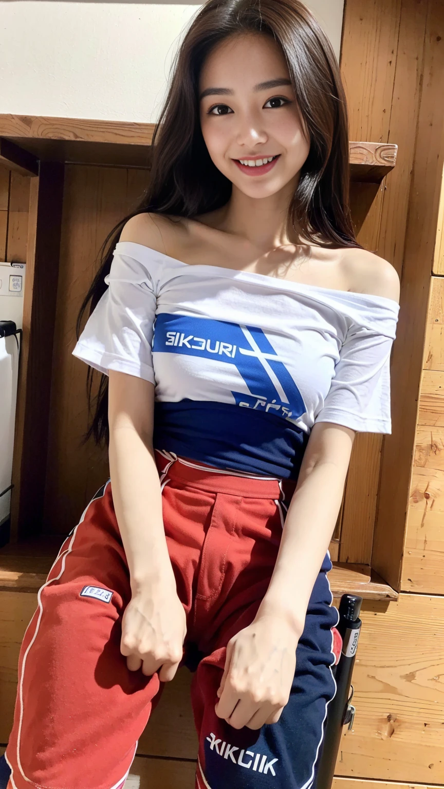 An ultra-high picture quality、8K、Beautiful blue sea、Angle looking up from below、hi-school girl、Idol、Teenage pretty girl、Shy smile、Messy short brown hair、model legs、off shoulders、Sexy shirt about to come off、Nothing in the shirt、The skirt is riding up、The shirt is wet and sheer、Sharp Focus、a miniskirt、legs wide open、white panty、