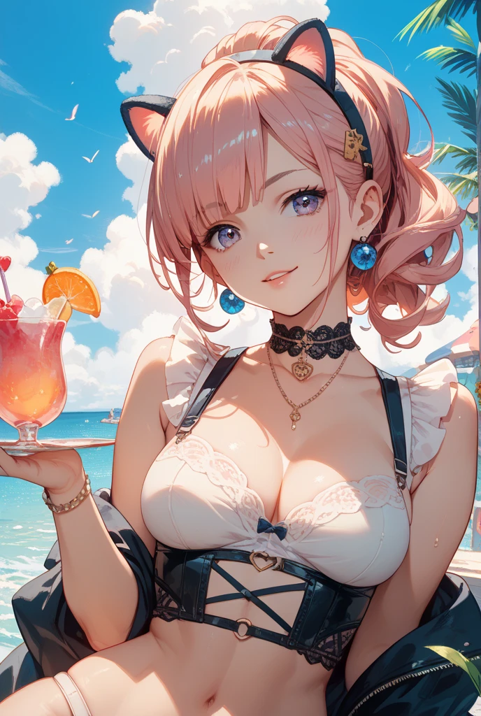(Masterpiece, BestQuality:1.3), (ultra detailed:1.2), (hyperrealistic:1.3), (RAW photo:1.2), High detail RAW color photo, professional photograph, (Photorealistic:1.4), (realistic:1.4), (Pink Hair:1.5), professional lighting, perfect anatomy, (Big Breasts:1.2), (blush, detailed face), (A happy smile:1.7), sexly, erotic sexly, Random sexy gravure poses, (Beautiful cosplayer wearing a green one-piece swimsuit、Holding a cocktail at a beach bar、She's twisting her hips sexily。: 1.3)