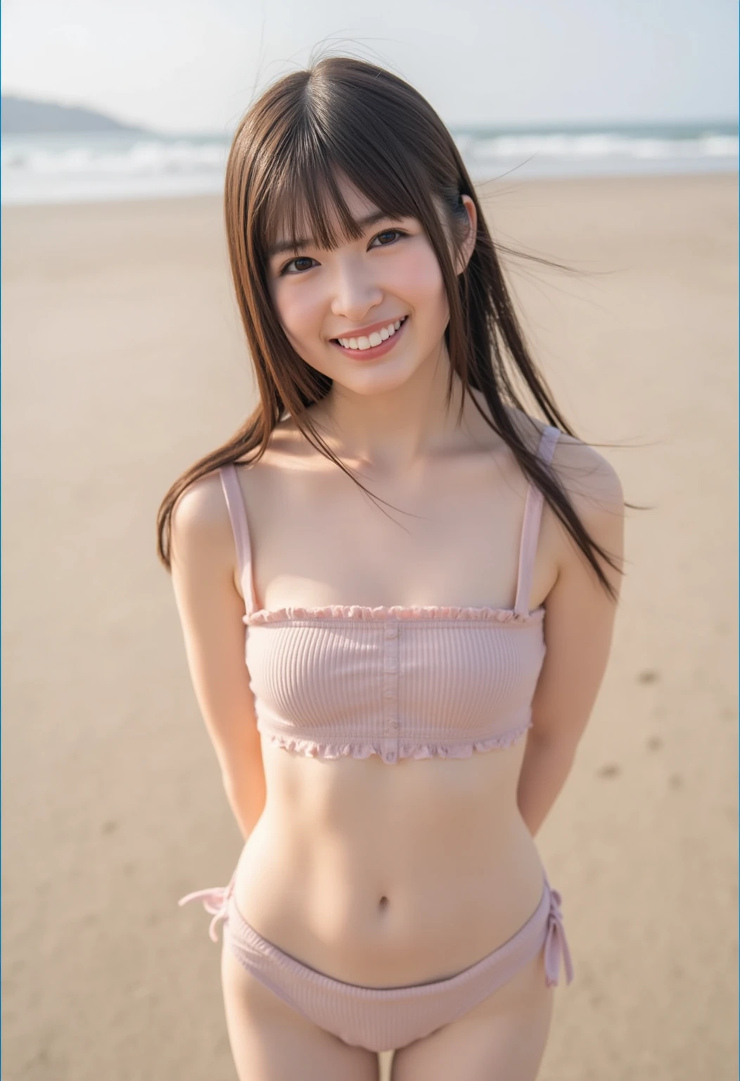 (Highest image quality, Highest image quality, Super A High Definition), (Raw photo, Realism 1.4), (flat chest), Fine skin, Fine face, Cute, AKB Girl, Girl in her 20s, Small breasts, Perfect Skin, thighs thighs thighs thighs, Medium Hair, Perfect, Brown hair, Pink Bunny Headband, rabbit pose, Brown eyes, Full body, (((Spread)), shiny, ((Pastel Micro Bikini))、(from below)、Bright sunlight, Smile,