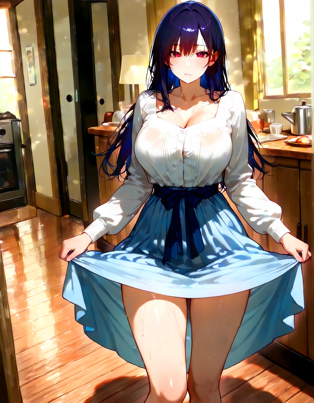 1womanl,Black hair,14years,(((White and blue shiny tank top and micro skirt)))(())(((Blushing cheeks、Smile with open mouth)),(((Satin Narico))),((( Portrait on the knee))),Crowds,and micro skirt,Wet with sweat(((Sexy Bra)))(eye glasses)