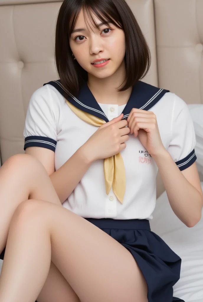 8k, RAW portrait (japanese woman), masterpiece, Photoreal:1.3, realistic, ultra high resolution, highest quality, real life photos, (in the evening :1.1), 2girls, (beautiful detailed face:1.1), (school uniform), (sailor uniform), (dark brown eyes:1.2), (blush:1.3), (smile:1.2), (silk panties), (woman rolling up her skirt), (spread legs:1.4), (love hotel), (skirtlift)