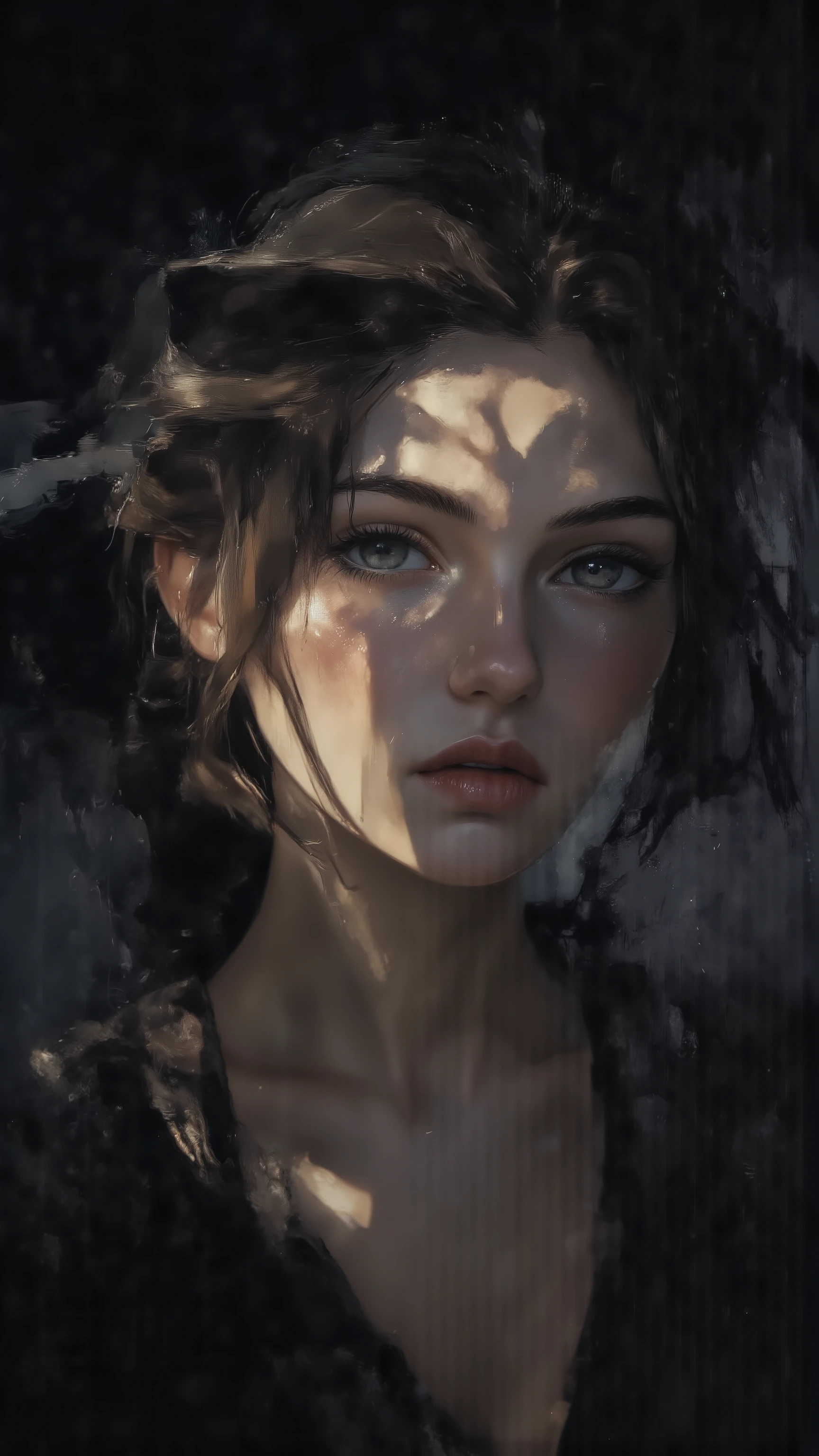 minimalist illustration of a woman in chiaroscuro lighting, soft contrast between light and shadow, serene expression, elegant silhouette, subtle contours, dark background, delicate highlights on the face and shoulders, artistic and poetic mood, soft neutral tones, modern minimalist art style