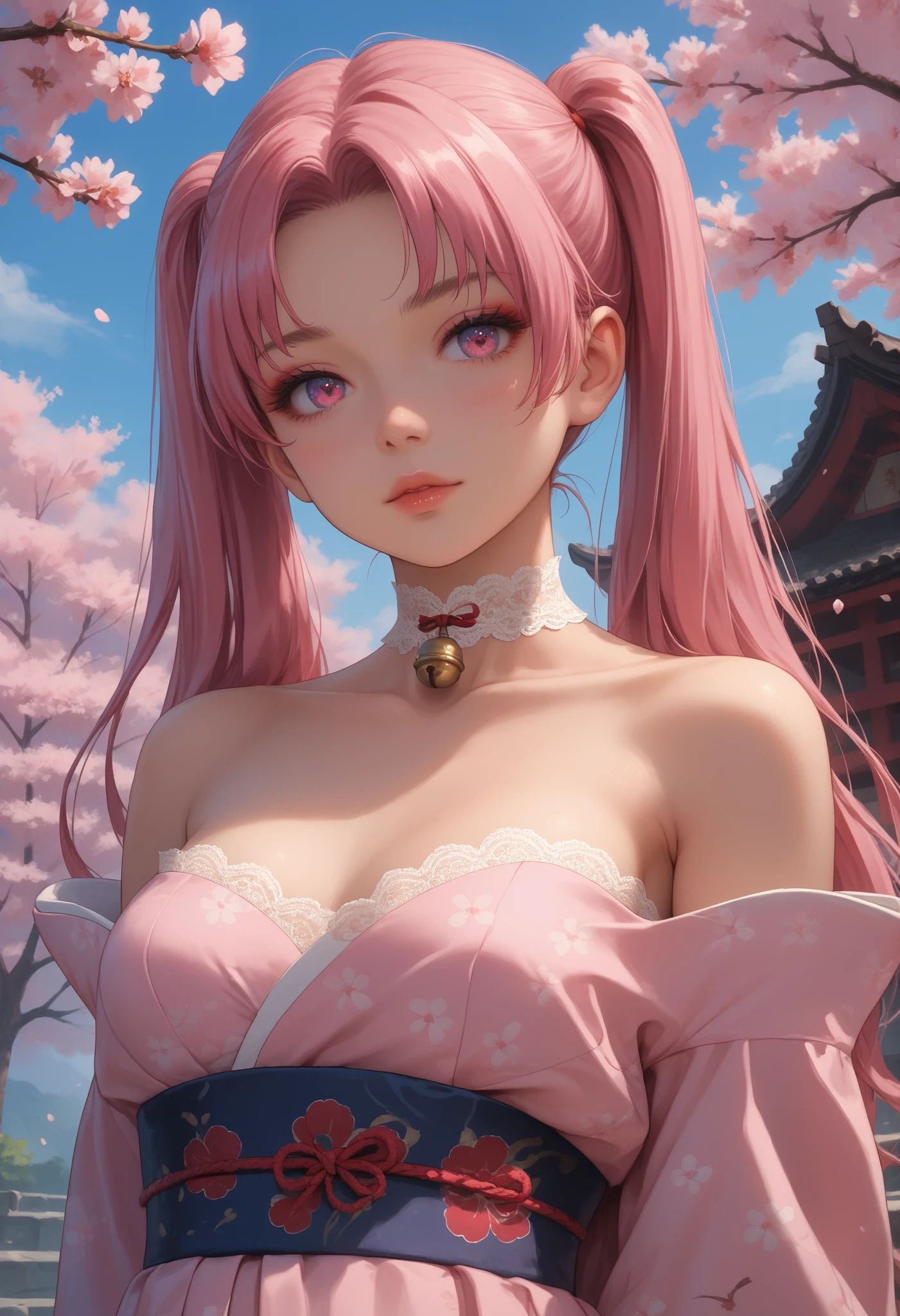1 girl, long hair, dark pink hair, twintails, big pink eyes, highly detailed face, glossy detailed lips, parted bangs, eyeshadow, medium sized breasts, cleaveage, exposed shoulders, collarbone, lace choker with bell, highly detailed clothing, japanese clothes, highly detailed patterned lace kimono, long flowing sleeves, lace bra (strapless), stood, dynamic angle, view from below, dynamic background, traditional Japanese garden, cherry blossoms, sakura, cherry blossom trees, blue sky , stunning 8k quality, masterpiece, vivid colors, arms and hands behind back, leaning slightly, slight head tilt