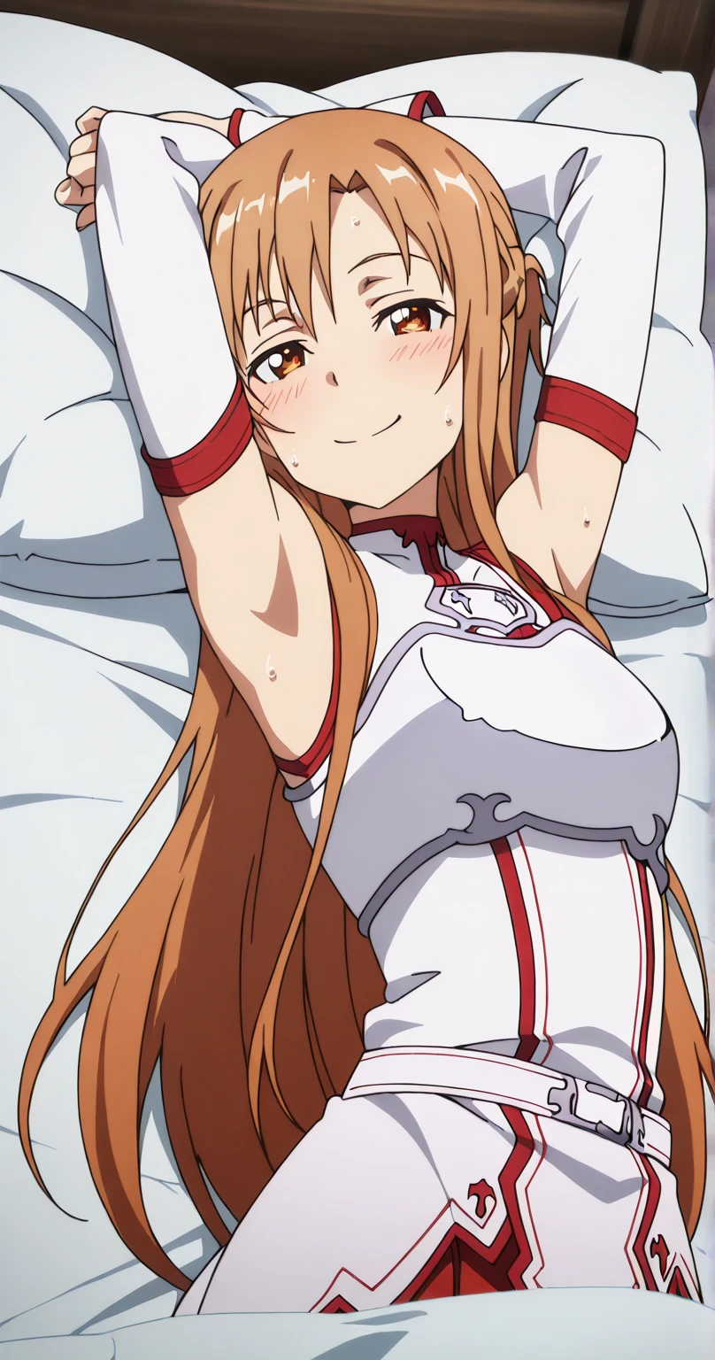 mature woman, Extremely thin skin, work of art, best qualityer, extreme detailed face, The best CG, medium breasts, bared shoulders, eyes browns, Long straight brown hair, 弓, white sleeves, white stockings, red skirt, waist belt, Fine body, See me, Sword Art Online, asuna, Delicate room, lying on a bed, legs spread open, pretty legs, transparent panties, lingerie white, thighs showing, sexly, seducing, legs spread open ((legs spread open)) (legs spread open)