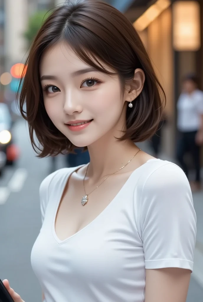 ((masterpiece)), ((Highest quality)), ((Complex)), ((Surreal)), (Realistic), (Mature Woman), ((There are no classes)), Very detailed, (1 female), Beautiful and exquisite, (Beautiful Teeth), Grin, Brunette Bob Hair, Brown eyes, ((blouse)), (Upper Body), (background:none), Perfect Eyes, Captivating eyes, Looking at the audience