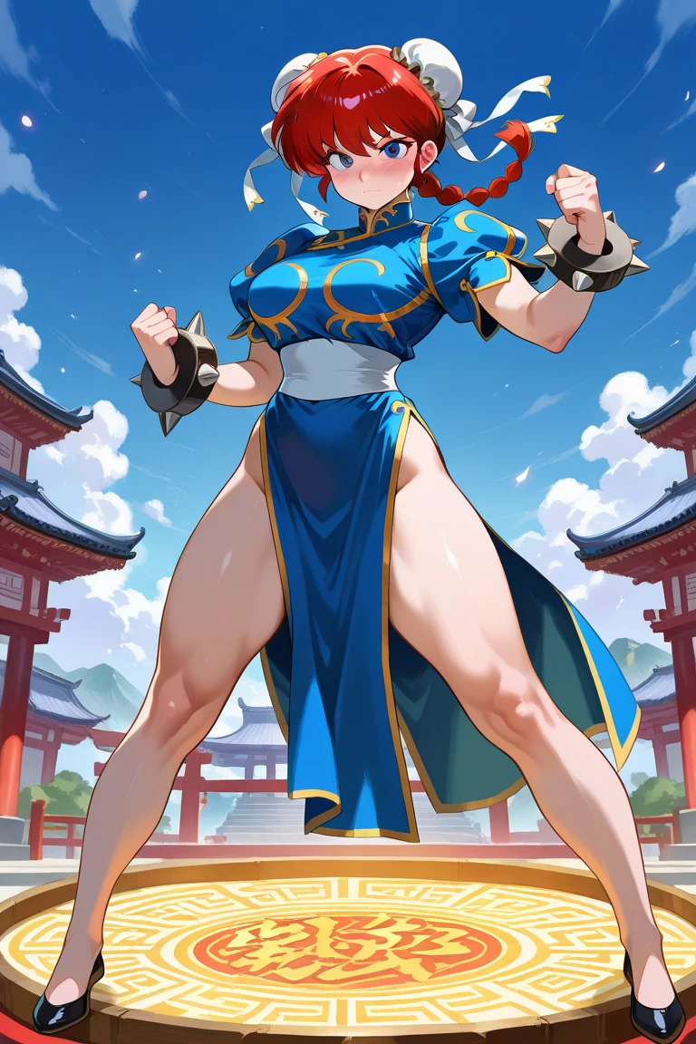 absurdres, highres, (official art, beautiful and aesthetic:1.2), ultra detail, beautiful person, mature female, 1girl,
narrow waist, wide hips, groin, wrist cuffs, large breasts, pussy line,
pelvic curtain, upskirt, white thong, pantyshot, detailed legs, flexible, (abs:0.7), fighting stance, sneakers,
sfa chun, brown hair, parted bangs, brown eyes, double bun, yellow ribbon, blue vest, skintight, yellow ribbon, short hair, bare shoulders, outdoors,
<lora:jean_divineElegance:0.6> <lora:Chun-Li_v2.0:0.4>