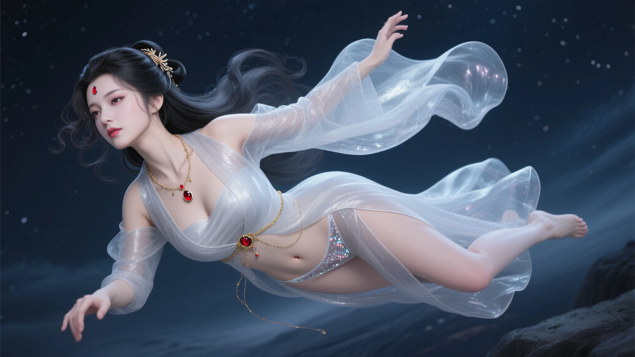 Wide angle, far shot, see the whole body, Beautiful woman,Hug a Baby, floating a River ,Flower crows,Beautiful girl, realistic, high resoution, A woman is long hair and Red hair, Eagle eyes, Barefooted ,flowing long hair,ultra-realistic, 4K ,Yellow effect ,Light Rain , She is a little smile,Floating gems radiate light all around.skyblue solution. white drop.see is viewer,she spreads its peacock tail