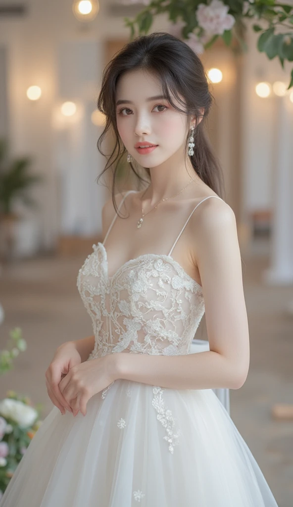 yurisa,wedding Dress,(8k, RAW photo, best quality, masterpiece:1.2), (realistic, photo-realistic:1.37), ultra-detailed, ultra high res, 1 girl, looking at viewer, beautiful detailed eyes, floating hair, detailed clothes, beautiful detailed skin, skin texture, professional lighting, <lora:02_yurisaLora_v40:1>  <lora:06_6_weddingDressExtension_weddingdressexv02:0.6>