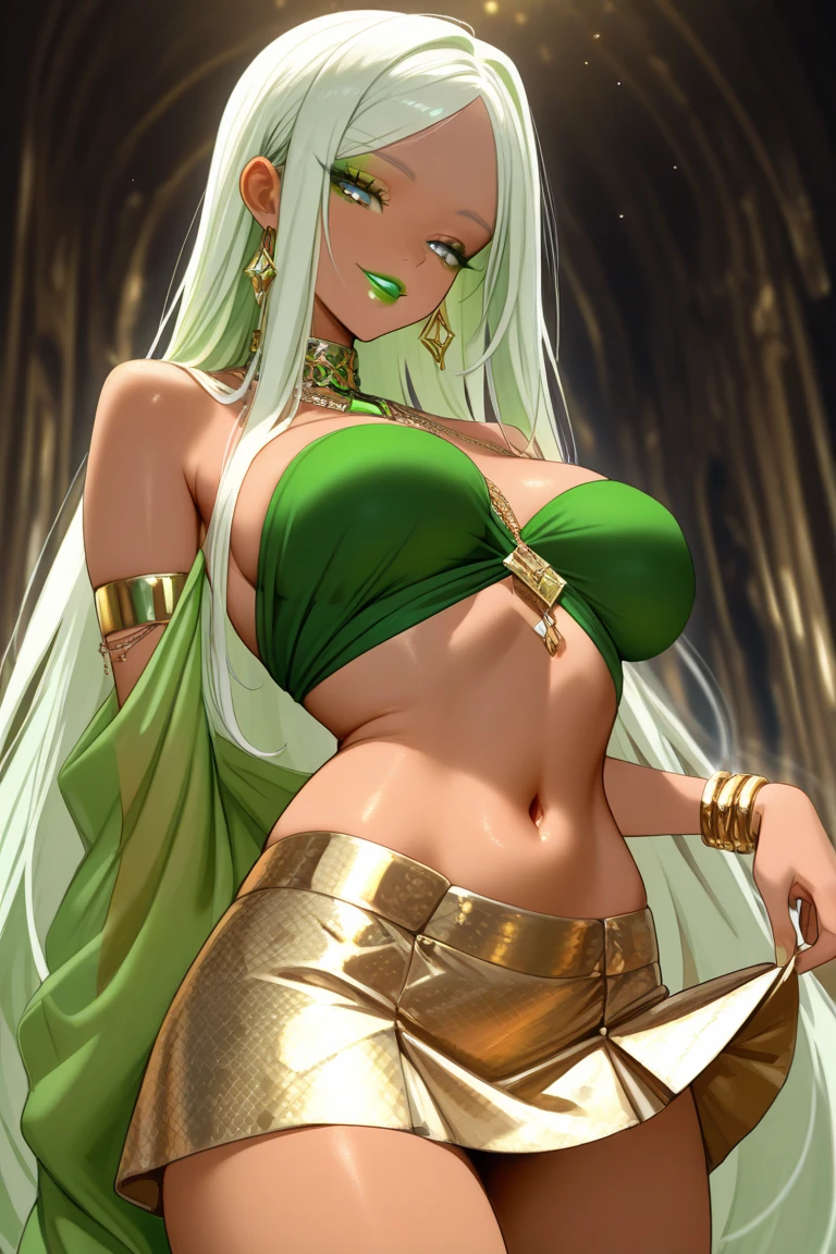 Grown-up girl, Long silver hair, elf ears, Green eyes, large breasts, Green lipstick, green dress, open dress, open breasts, Sleeveless, Sexy, erotic dress, transparent dress, Princess, Gold Elements, Hands up, Masterpiece, hiquality, 4k, HD, Good detail