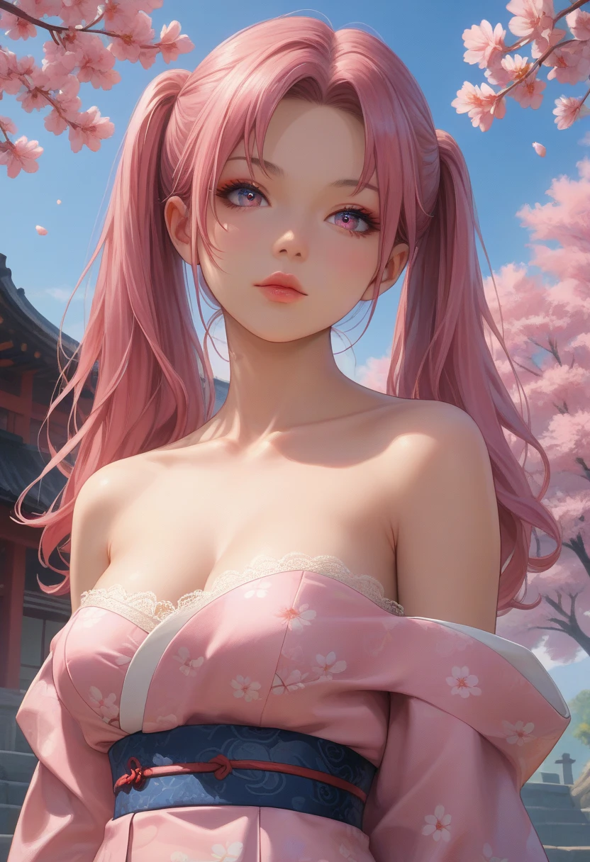 (Masterpiece, Excellent, 1girl, solo, complex details), Realism, ((Medium Breath)), Bare Shoulders, ((Big Breasts, Cleavage, Sexy)), Yae Miko, Long pink hair, Red headdress, Red highlight, Hair above one eye, Green eyes, earrings, Sharp eyes, Perfect symmetrical figure, Choker, Neon shirt, Open jacket, turtleneck sweater, against the wall, brick wall, paint looking at the audience, ((Mean, seductive, charming)), (((cherry blossom background) )),(((Japanese temple background)))