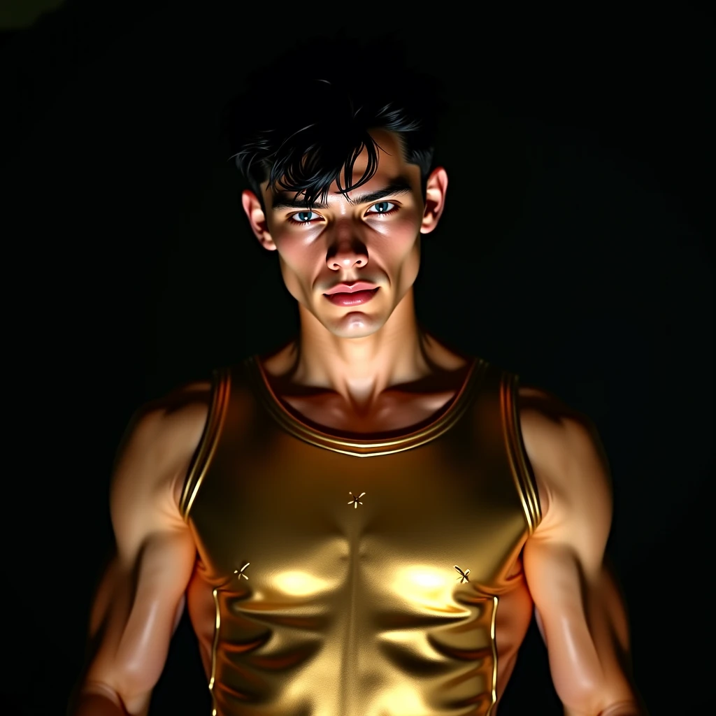 Chico de.16 years old in yellow speedo floating in space with a background of galaxies with American facial features light green eyes golden blonde hair thin thin nose full body squirting milk from nipples