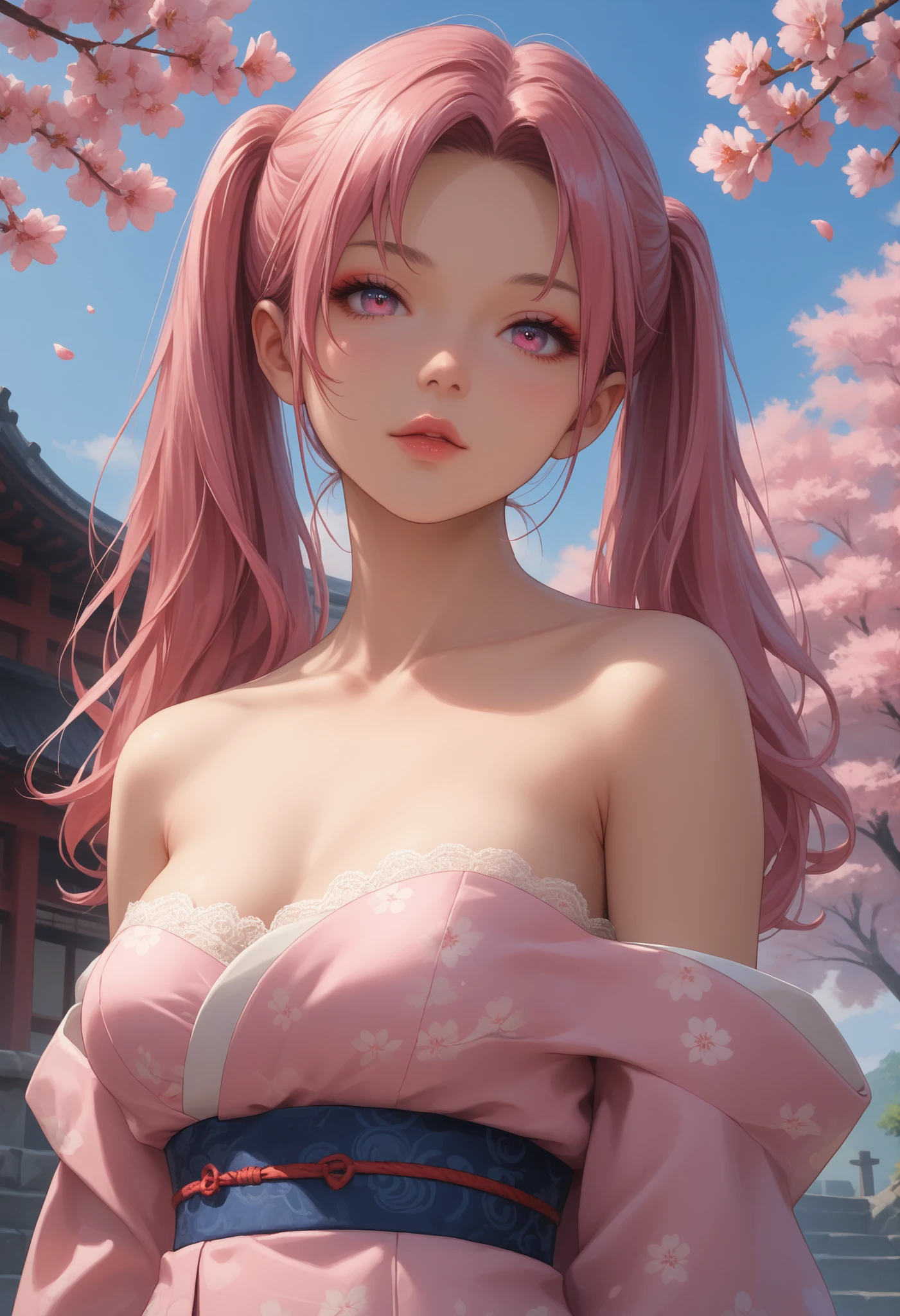 1 girl, mature appearance, long hair, dark pink hair, twintails, big pink eyes, highly detailed face, glossy detailed lips, parted bangs, eyeshadow, medium sized breasts, cleaveage, exposed shoulders, collarbone, highly detailed clothing, japanese clothes, highly detailed patterned lace kimono, long flowing sleeves, lace bra (strapless), stood, dynamic angle, view from below, dynamic background, traditional Japanese garden, cherry blossoms, sakura, cherry blossom trees, blue sky , stunning 8k quality, masterpiece, vivid colors, arms and hands behind back, leaning slightly, slight head tilt