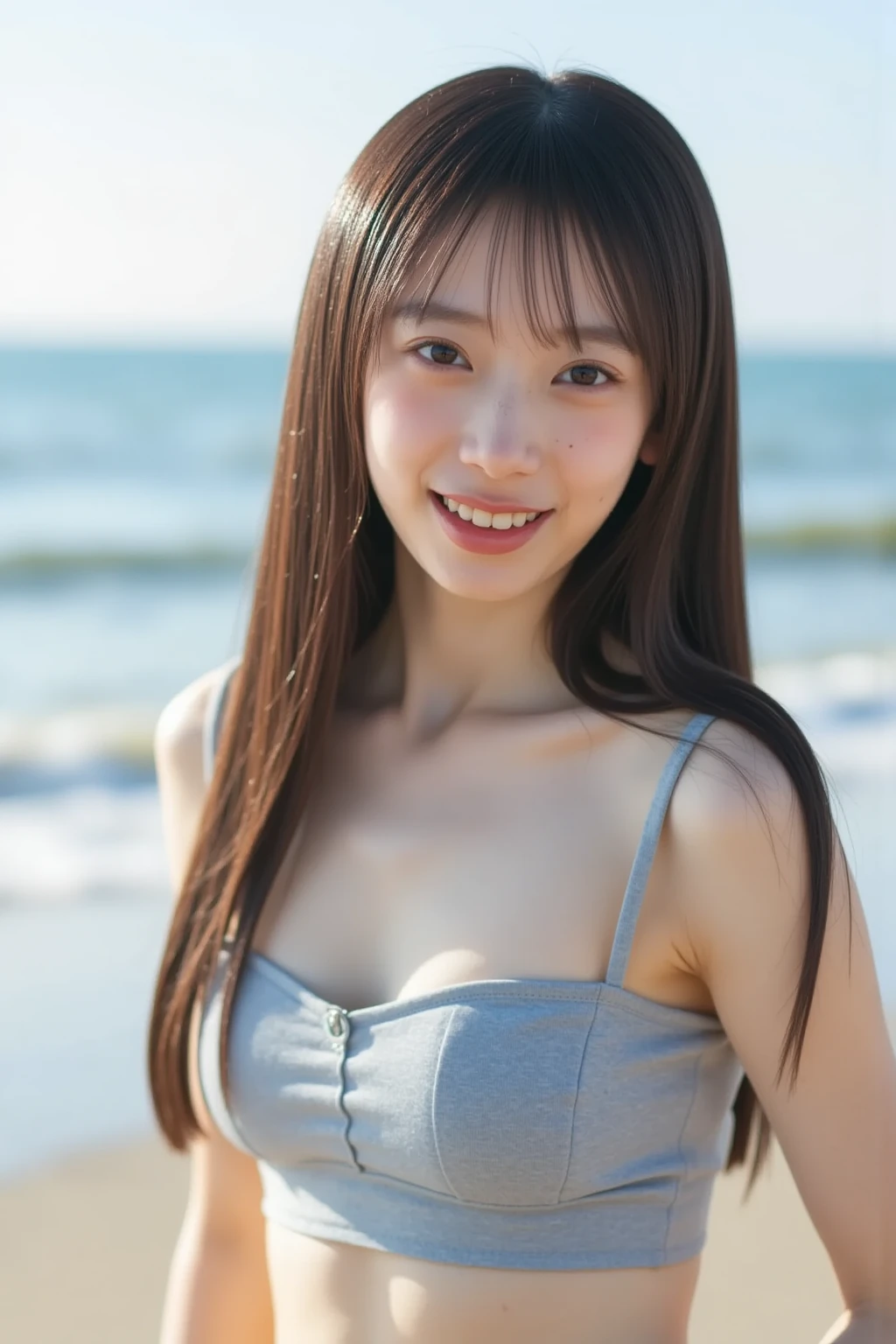 (Best-quality, Masterpiece, Ultra-High-Resolution, (Photorealistic:1.4), Raw Photo, depth of field, professional lighting, perfect ???????, extremely details), ((((Magnificent-view)))), ((on beautiful-beach)), 1girl, 15-years-old, the most famous Japanese-idol, dynamic-pose, wearing casual-clothes with cute-design, looking at viewer, ((innocent-smile)), ((extremely cute and extremely childish face like the most popular Japanese-idol, ((extremely cute and extremely big black-eyes)), extremely beautiful black-long-hair, (((extremely beautiful and extremely realistic skins))), extremely cute lips, extremely cute long-eyelashes, extremely skinny body))