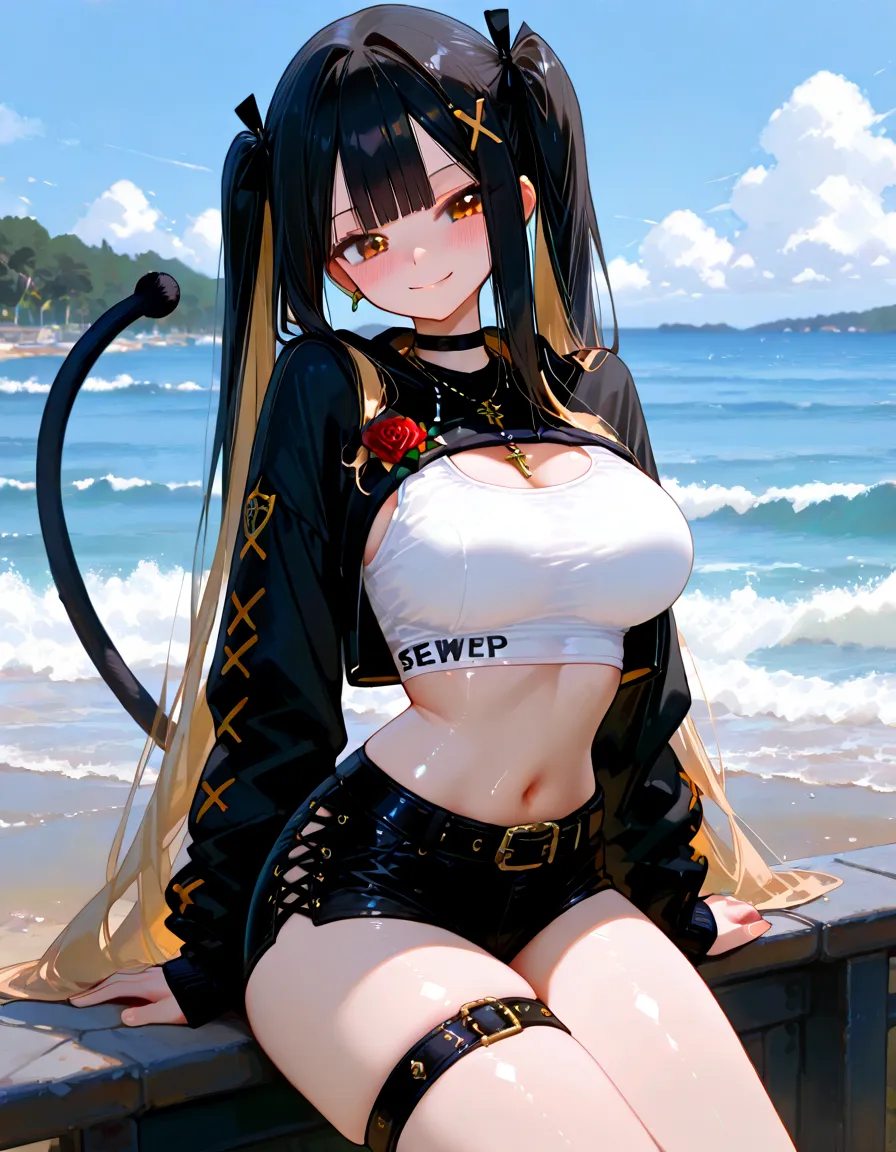 A very beautiful girl, with modern Egyptian features, her face is round, and her skin is very white. Her hair is very long and black and she has bangs. Her eyes are kohl-lined and she smiles. She has wonderful physical capabilities. She is full-bodied. She wears transparent black clothes. Her ass is large and full, and her buttocks and hips are large. She is sexy and full of fat, wearing transparent sexy pants and a black crop top. She has giant breasts full of milk. She is sitting and crossing her legs, pawg, sensual.