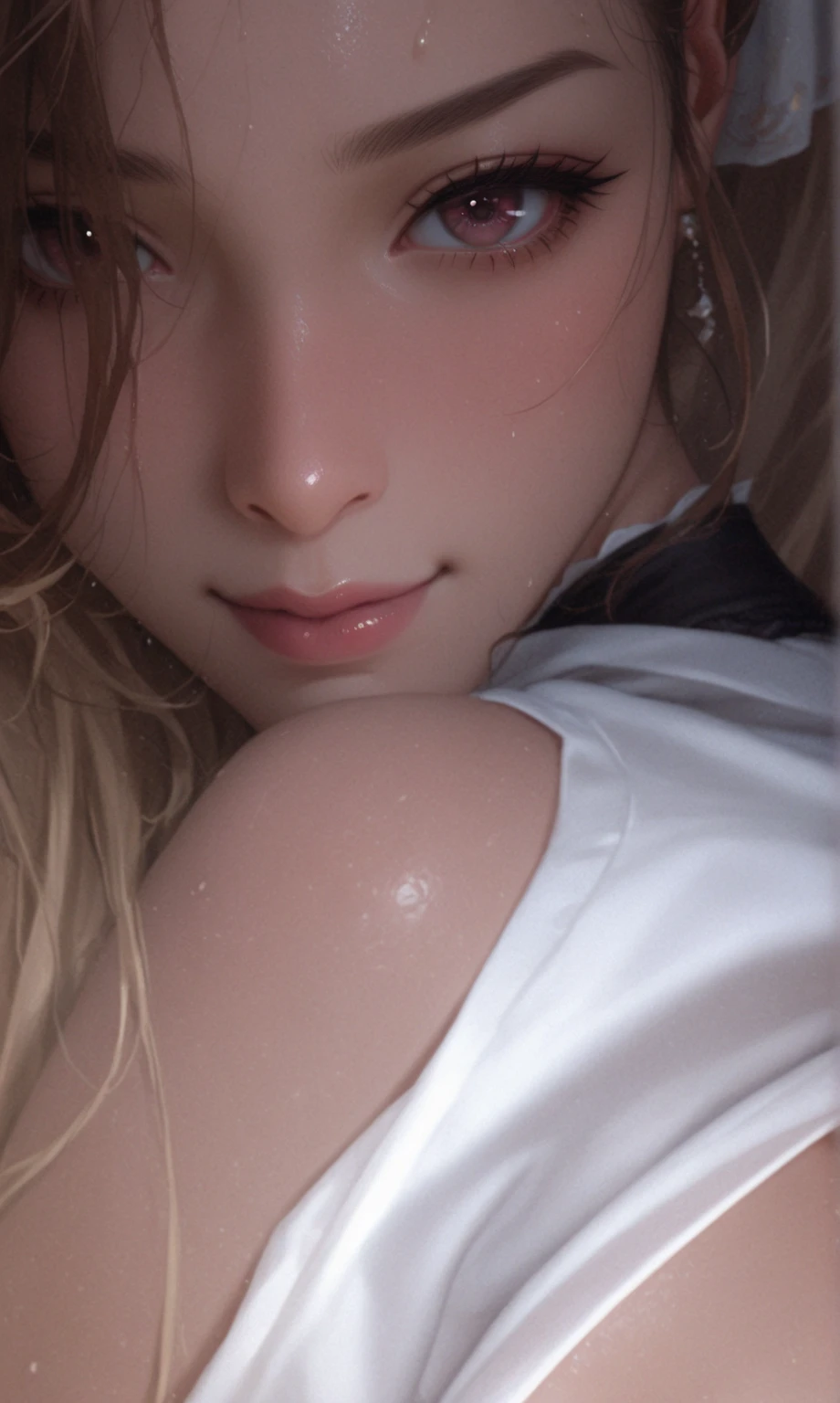 Shot from above the bed,masterpiece, highest quality,Face-to-face audience, Upper body,Middle-aged women,Greek Goddess Attitude, Melon seed face, ((Long, narrow eyes)), Mole under the eye,Brown eyeball, Thin lips, Anorexia,blonde, Very long hair, A 40-year-old mature woman writhing in bed, self-portrait, Simple Background,Writhing in bed,Thin legs,Close your eyes and cry,Sleeping legs apart,Naked and screaming,To urinate,Pee,Get a sense of pleasure,Rough sex leads to orgasm,Get wet,