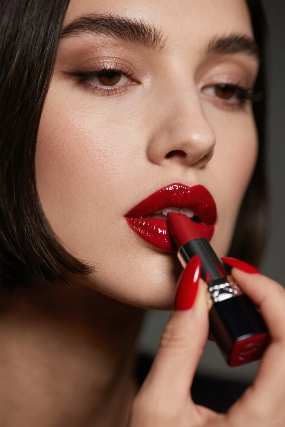 a close up of a woman with a big dick on her face, thick Red lips, thick lips, sexy Red lips, big Red lips, deep Red lips, small and thick Red lips, luscious Red lips, sexy lips, Red lips, huge lips, big lips, hand on his chin, delicious lips, inspired by Hedi Xandt
