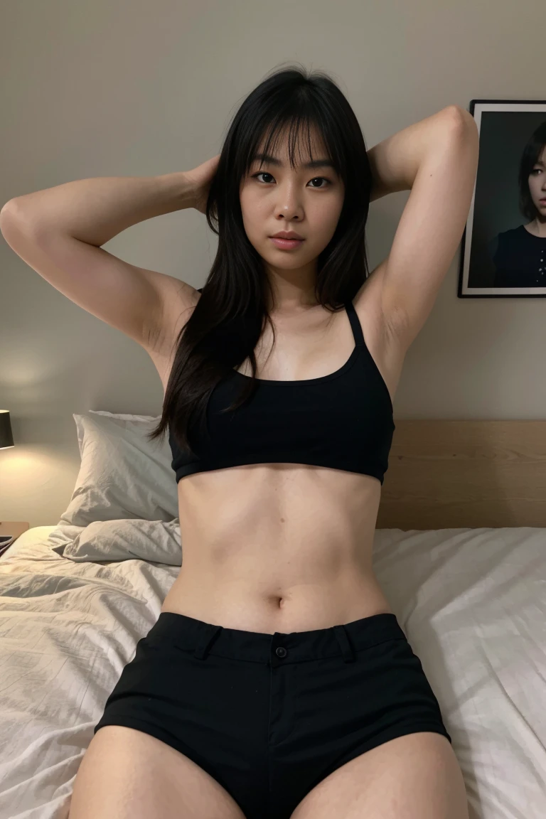 arafed asian woman in a black top and denim shorts posing for a picture, she wearing a black tank top, wearing a black cropped tank top, wearing a cropped black tank top, beautiful asian girl, beautiful asian woman, wearing a sexy cropped top, an asian woman, gorgeous young korean woman, asian girl, 2 4 year old female model, beautiful face