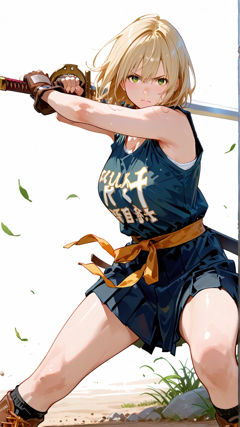 ((Best Quality, 8K, Masterpiece: 1.3)), 1girl, Beauty: 1.3, (Hairstyle wild Casual,) floating, meteors raining down, red crop top, black shorts, left leg is red mechanical, right arm is tied with bandages, right arm has a glove that goes till the bicep ,long hair, orange hair with blue tips, untied hair, orange hair color, Super Fine Face,