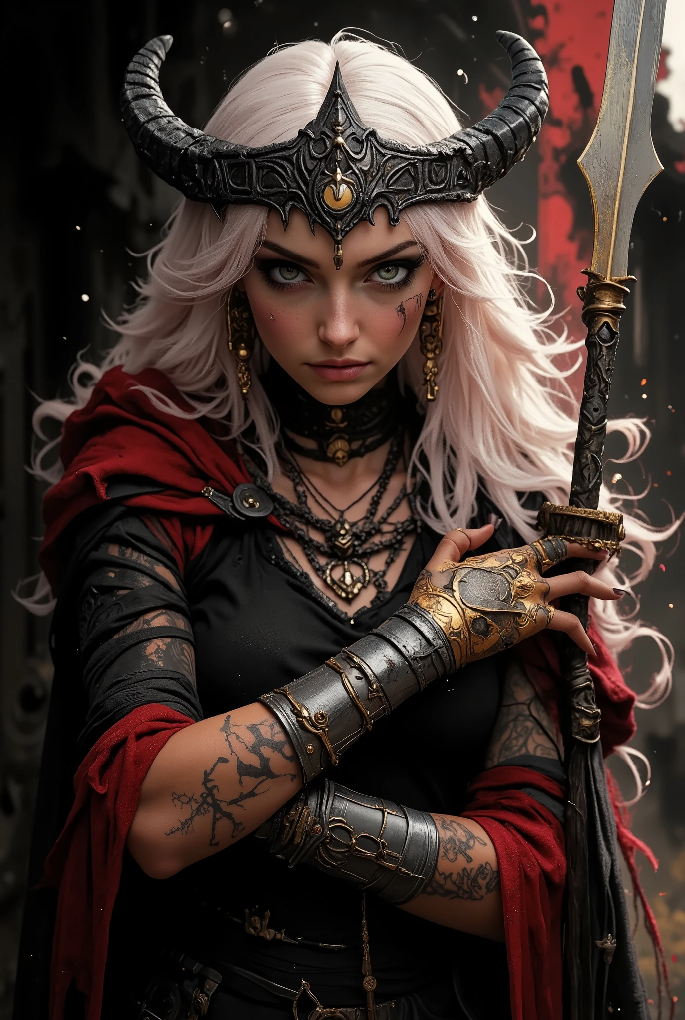 masterpiece, best quality,high quality, newest, highres,8K,HDR,absurdres, 1girl, long hair, horns, weapon, tattered robe, glowing eyes, dark fantasy, holding spear, floating, intricate tattoos, ethereal aura, red and black color scheme, armored gauntlets, golden ornaments, looking at viewer, battle stance, supernatural energy, shadowy background, gothic architecture, dynamic pose, dramatic lighting, detailed background, depth of field, dynamic composition, foreshortening, detailed background, dynamic pose, dynamic composition,dutch angle, detailed backgroud,foreshortening,blurry edges, M4gicalL1nes