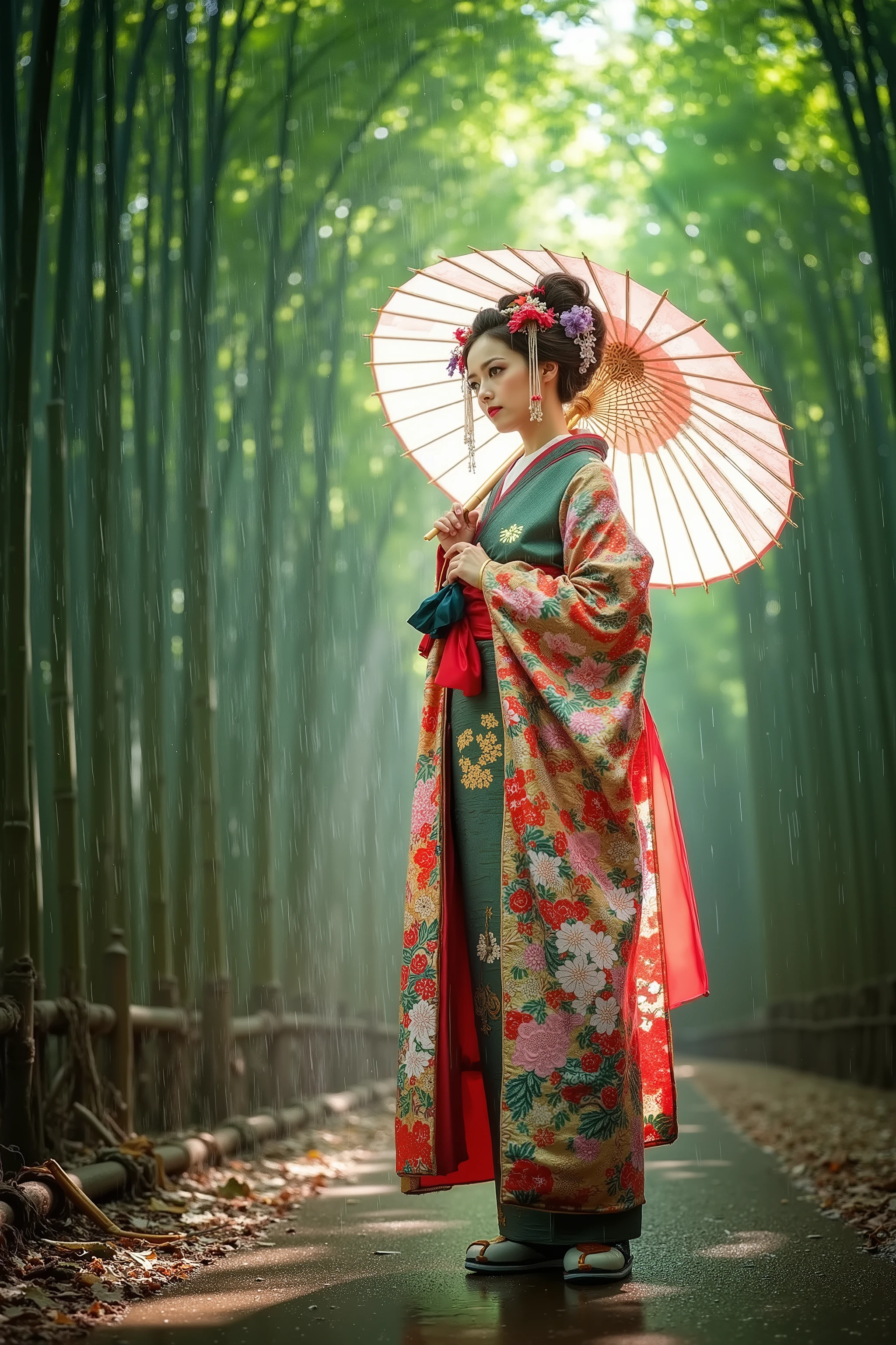 artist photoshoot,1 girl,oiran,japanese umbrella,rain,bamboo forest