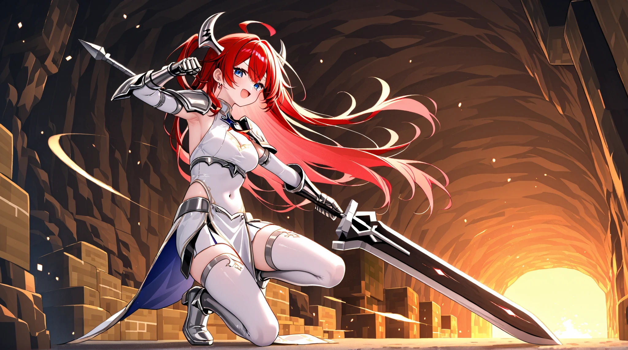 (asura art style:0.7), (hero neisan art style:0.7), score_9, score_8_up, score_7_up, score_6_up, makise kurisu, red hair, long hair, dark-blue eyes, black pupils, BREAK (masterpiece:1.2), best quality, high resolution, (beautiful detailed eyes:1.3), perfect lighting, (perfect hands, perfect anatomy), 1girl, weapon, sword, thighhighs, solo, full_body, standing, dress, holding_weapon, gloves, holding, short_dress, looking_at_viewer, earrings, cleavage, white_legwear, magic, crystal, shimmering light,