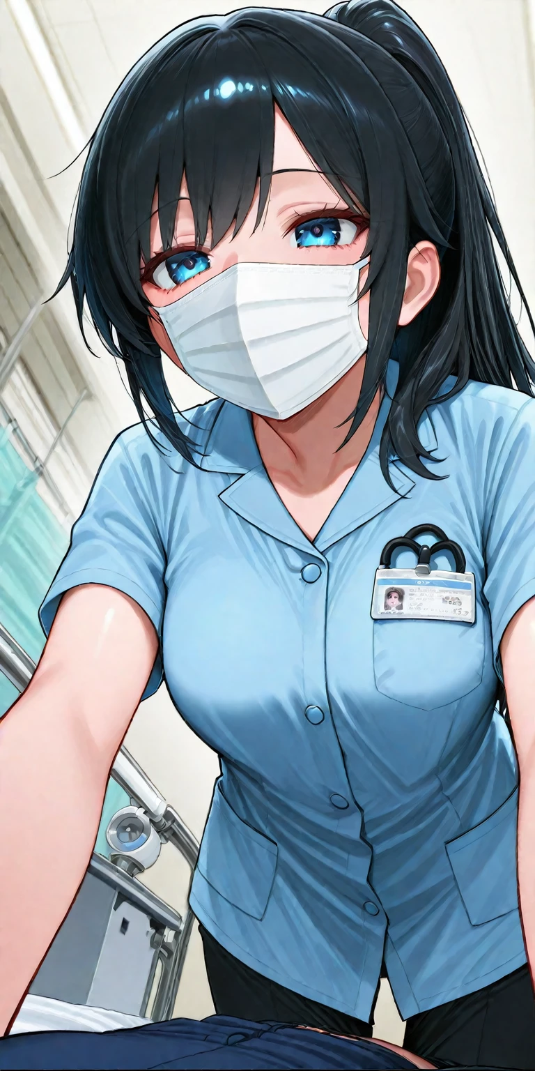 rikka,takarada rikka,bangs, long hair, black hair, blue eyes, thick thighs, solo, nurse, ((white nurse cap, white nurse's outfit)), ((white legwear, zettai ryouiki)), white gloves, ((white surgical mask, covered nose)), standing, hospital room, sharp outline, short sleeves, best quality, masterpiece