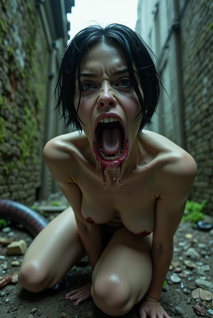 Mileena's sharp teeth, A woman who looks like a more sexy and perfect version of Mileena from mortal kombat with sexy and scary teeth, Mileena with two pony tails, slutty futuristic skin tight bodysuit, dark stockings and socks, sexy and perfect legs, perfect heart-shaped butt, perfect skin, perfect thighs, perfect feet and ankles, scary and beautiful grey eyes, she has a perfect face, perfect red lips, she has perfect facial bone structure and freckles on her cheeks. she is wearing futuristic and revealing slutty black lingerie, black stockings, garter belt. her full body is shown from a side view while she is on a bed... highest. quality possible, perfect anatomy and bone structure, full body shown, sexy perfect feet, sexy perfect ankles, veins, ponytails, toned muscles, toned shoulders, freckles, perfect grey eyes, scary eyes, red blood on her nude ass, Blood dripping off her mouth, a lot of dripping blood, bloody mess, her body is covered in red dripping blood, she is a sexy female man killer, ,masterpiece, bloody blowjob, detailed cock, (she has your cock in her mouth), (((red dripping blood))), sexy and perfect tight heart shaped ass, ((female vampire with sharp perfect fangs)), intense, super slutty, (skintight slutty and revealing bodysuit), ((skirt/pantyhose)), perfect legs and skinny thighs, pantyhose, ((perfect tight ass)), they just killed a man during sex and are covered in his blood, murder scene, beautiful horror. bigger boobs, perky nipples, blood dripping off her skin, she just killed a man during sex, ((beautiful horror), ((dark and intense atmosphere))