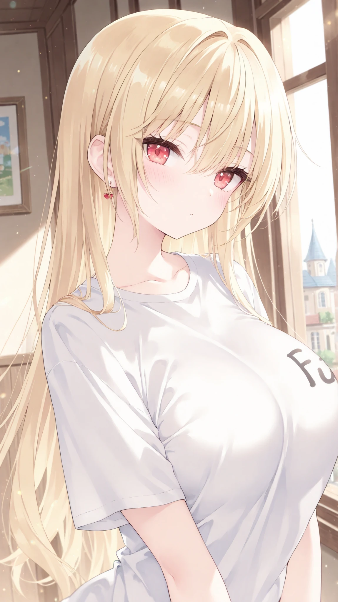 Blonde、Red eyes、white plain puff t-shirt、Big Breasts、lower body naked、fine、idiot 、They seem to be having fun.、piece、town、upper body