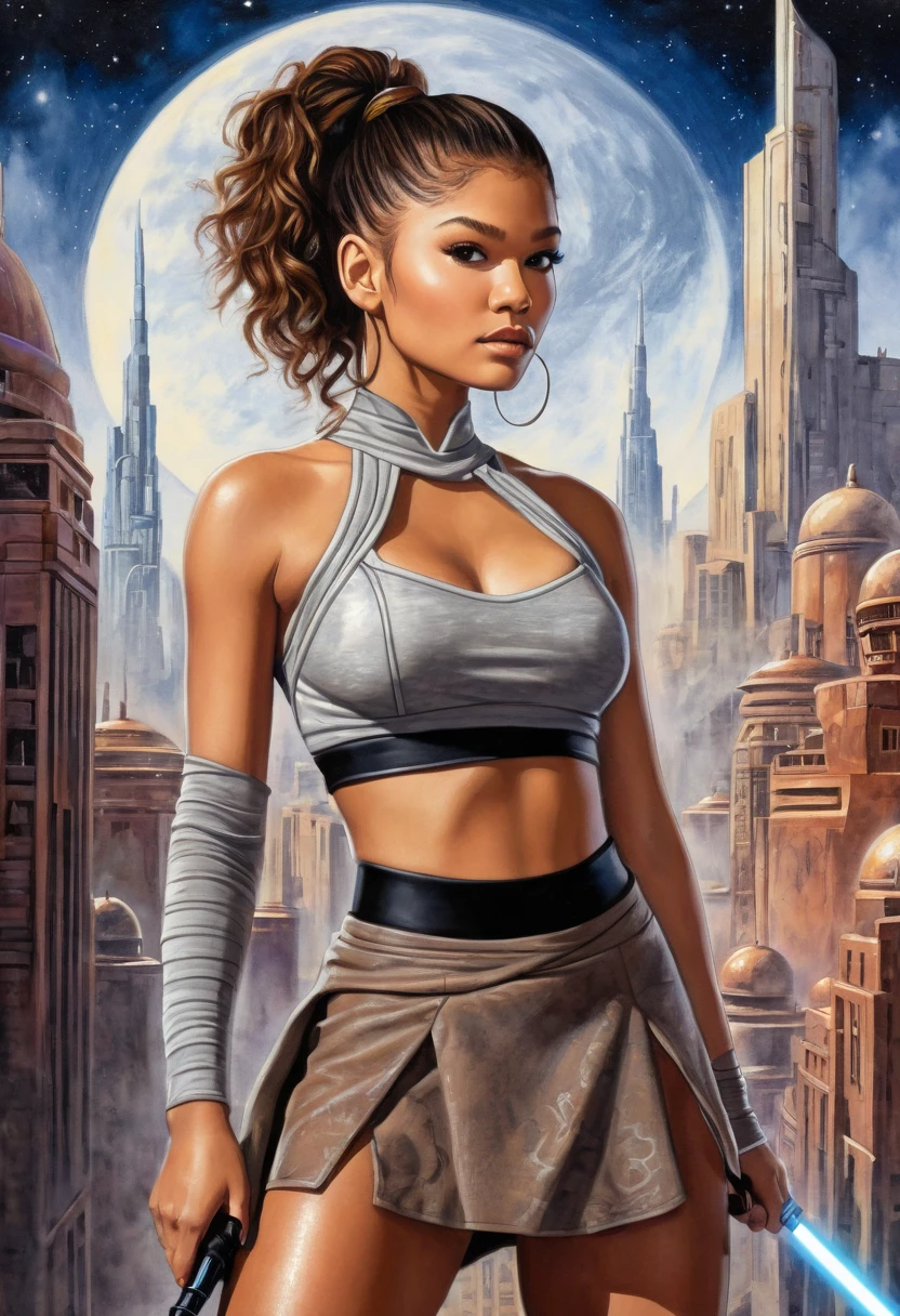 An illustrated movie poster, hand-drawn, full color, a age Jedi, 18-years-old, female, wearing a crop top and a skirt, athletic hourglass figure, busty bosoms, full wide hips, massive round butt, long shapely legs, ridiculously thick powerful thighs, hazel eyes, dark hair, curly ponytail, warm brown complexion, resembles Zendaya, standing above Coruscant, graphite shading, stencil marks, airbrushed acrylic paint, masterpiece, in the style of Drew Struzan