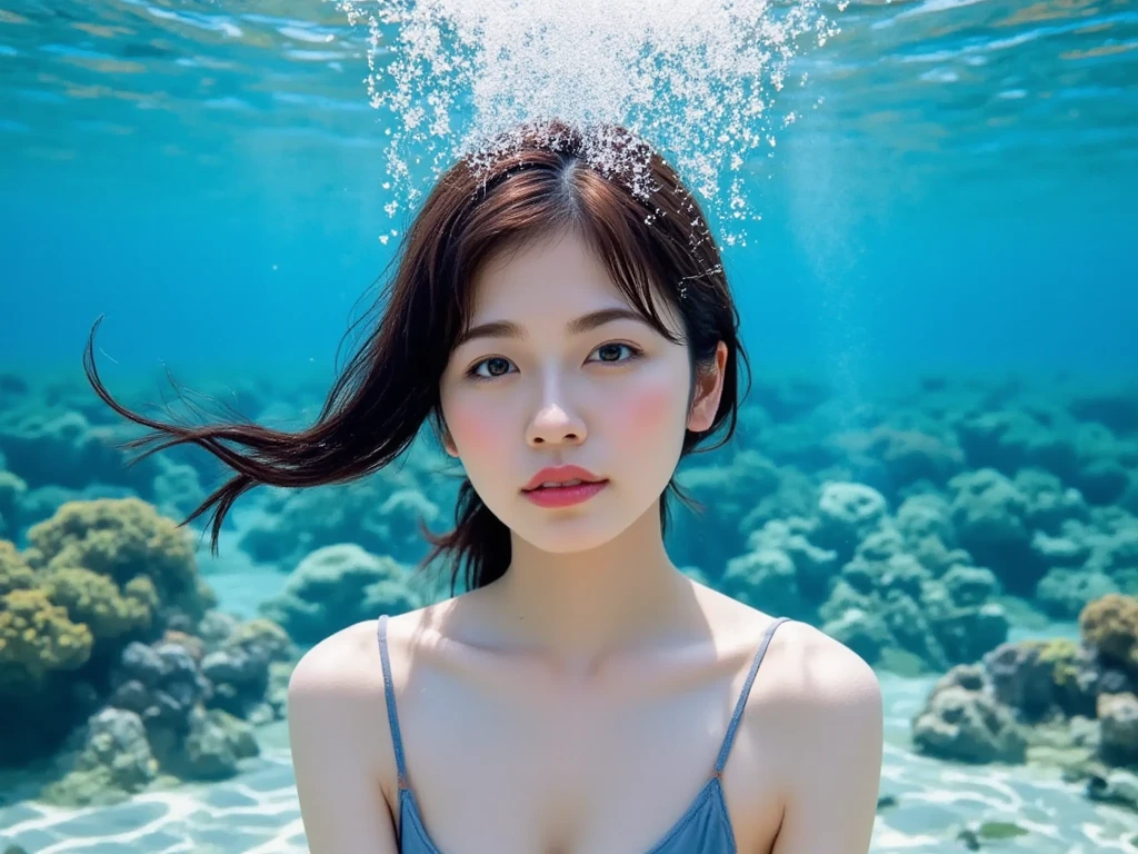8k, best quality, ultra high res, (photo realistic:1.4), (Japanese famous actress:1.2), very beautiful, kawaii, professional photograph, an extremely delicate and beautiful, extremely detailed, extremely detailed beautiful girl, extremely detailed face, extremely detailed eyes, extremely detailed skin, extremely detailed fingers, extremely detailed nose, extremely detailed mouth, perfect anatomy, realistic body, fair skin, shiny skin, slender body, good figure, looking at viewer, (blond hair:1.2), (very short hair:1.2), (flat chest:1.6), (tanned skin:1.4), black gal, underwater, (water drop:1.3), dynamic lighting, light particle, sunlight, shadow, (air bubble:1.2), reflection, extremely detailed CG unity 8k wallpaper, micro bikini, thong, (diving:1.4), (arched back:1.4), sunbeam, lens flare, swimming in the sea,