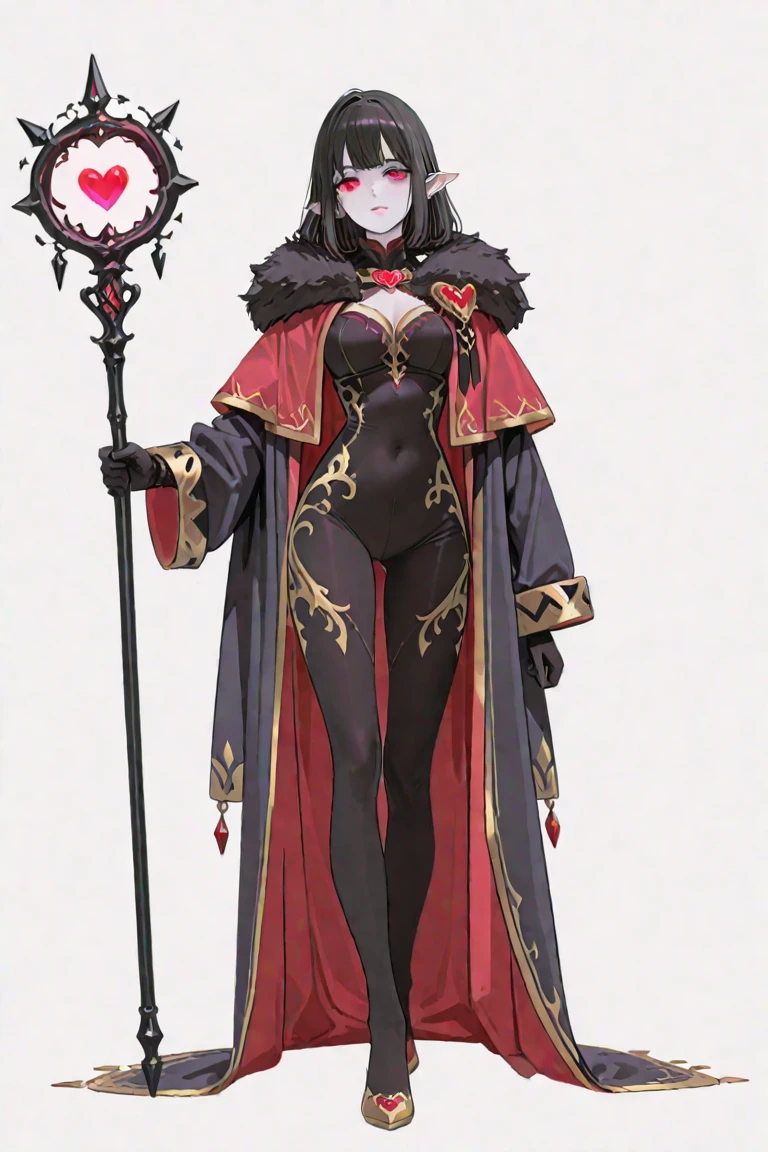 tony,1girl, solo, breasts, thighhighs, gloves, hairband, medium breasts, dress, elbow gloves, boots, hand on hip, thigh boots, long hair, staff, white hair, long legs, high heels, cleavage, side slit, frills, white background, red eyes, simple background, looking at viewer, capelet, full body, smile, standing, page number, choker, black gloves, holding, weapon, black thighhighs, albino, <lora:tony:0.9>