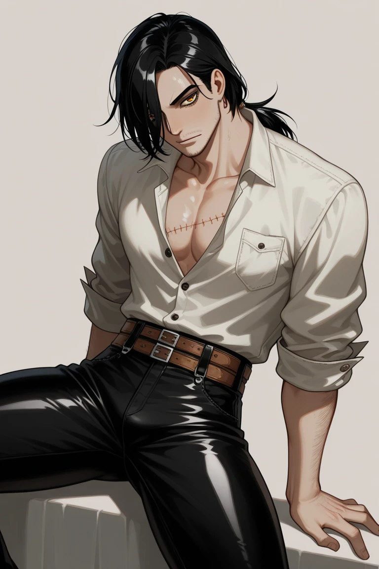 A guy with long black hair, Beautiful face, grey eyes, Beautiful skinny body, pale skin, lifts up his shirt and holds it in his teeth, realistically, masterpiece, Best quality, detailing, anime art, фотоrealistically