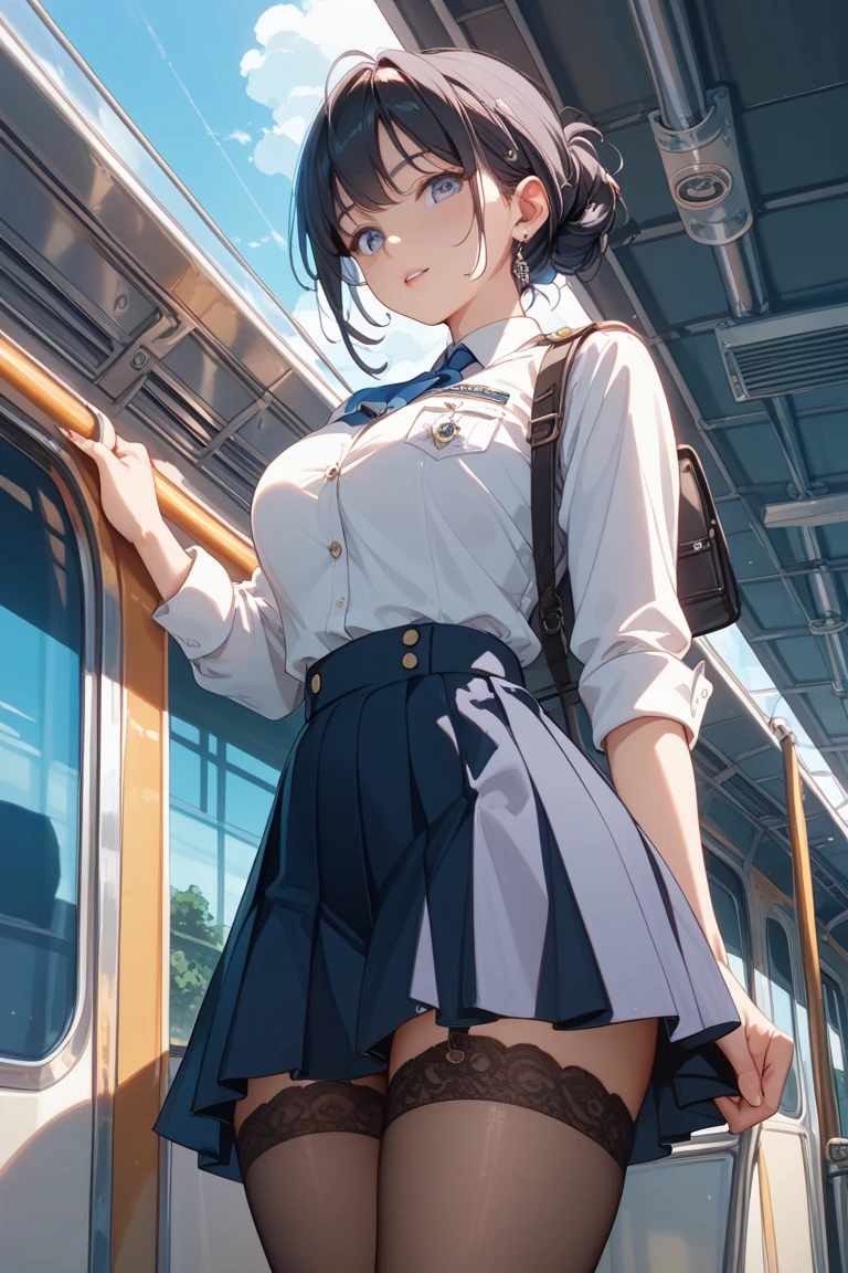 on the train、1 female student、In front of the door、short hair、cardigan、mini skirt