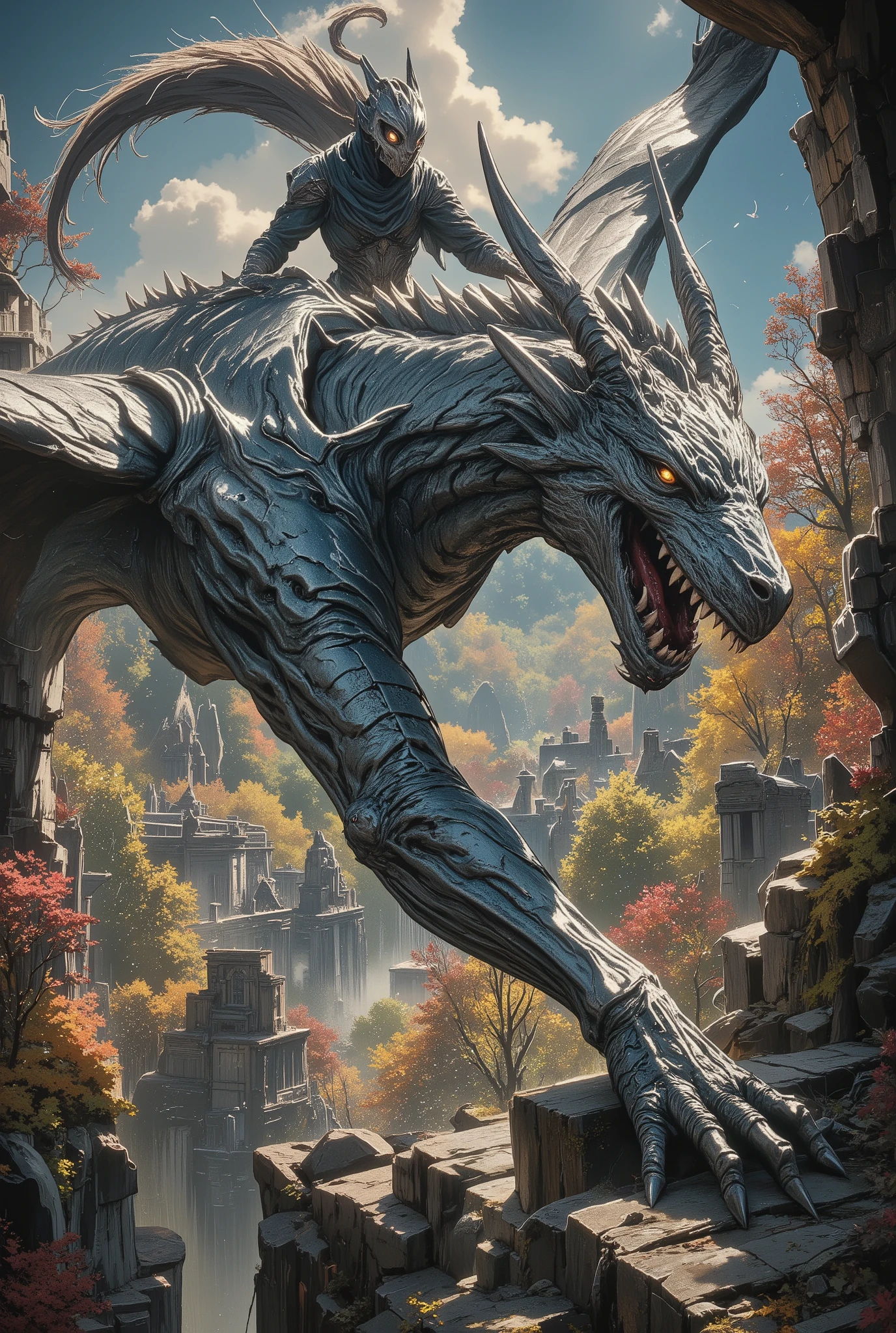 masterpiece, best quality, surreal anime art, highly detailed, tiny dark hooded in a metal mask wizard dragon rider on the back of a massive titanic gargantuan deformed eldritch dragon, flying over an eldritch landscape, style inspired by Mark Simonetti and Gustav Klimt, highly detailed, beautiful, vibrant, masterpiece, 32k, ultra HD, ultra-detailed, amazing quality, amazing artist, sharp edges, detailed textures, full view, atmospheric lighting, amazing visuals, An embroidered design Spring atmosphere