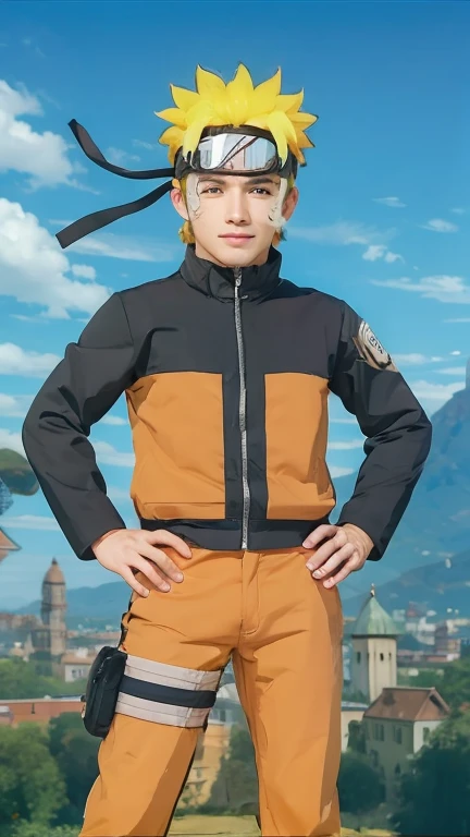 best quality, masterpiece, highres, detailed, realistic, cosplay, <lora:Detail - add_detail:0.2>, TKDigi02, 25 year old japanese man, yellow and teal shirt, blue eyes, blonde hair, hat, valley, :d, <lora:Character - TKDigi02:0.8>, short hair, upper body,