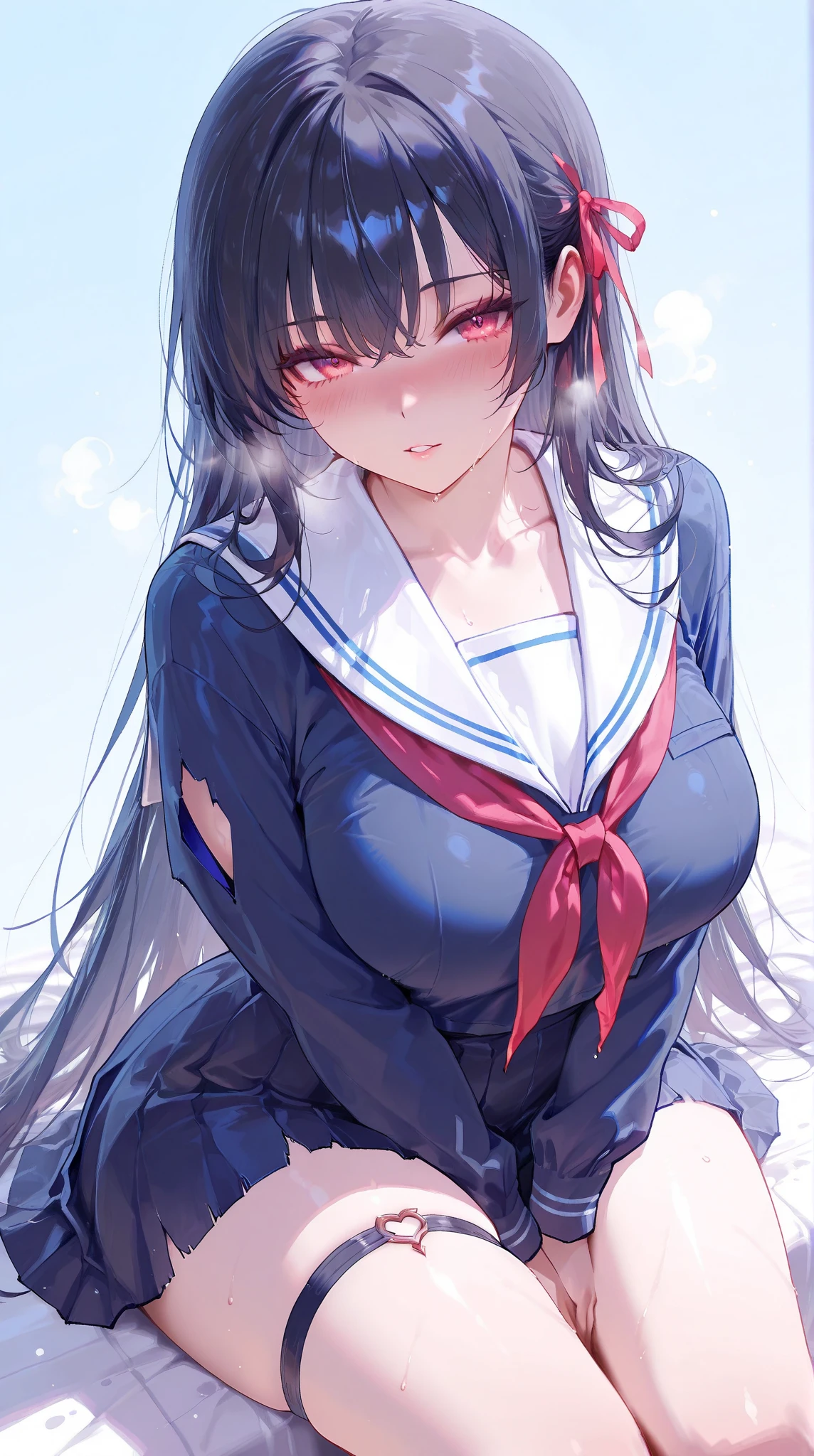 A woman with big ,Sailor suit,clavicle,Prominent and smooth underboob,exquisite,Intricate details,pubic,Tube socks,(blush:1.2),eyes closed,coma,shed tears,