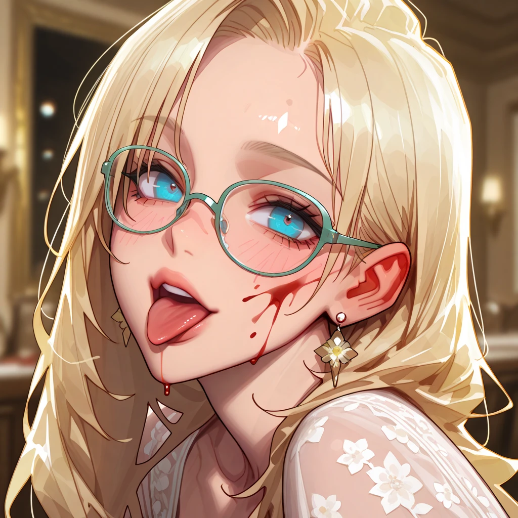 girl, round glasses, long curly hair, freckels, licking lips, tongue, cum on face, cum on tongue, sexy look
