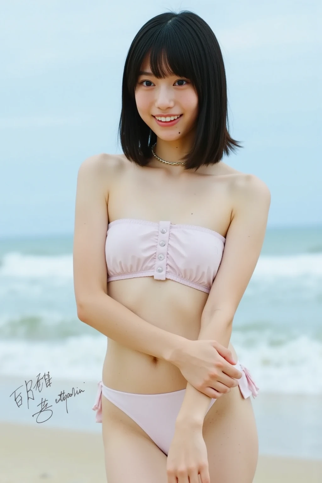 nsfw ,Mana Ashida,japanese,very cute,very pretty,school girl,tiny chest,flat chest,slender,slim,smile,darkblue school swimware,camel toe,beach