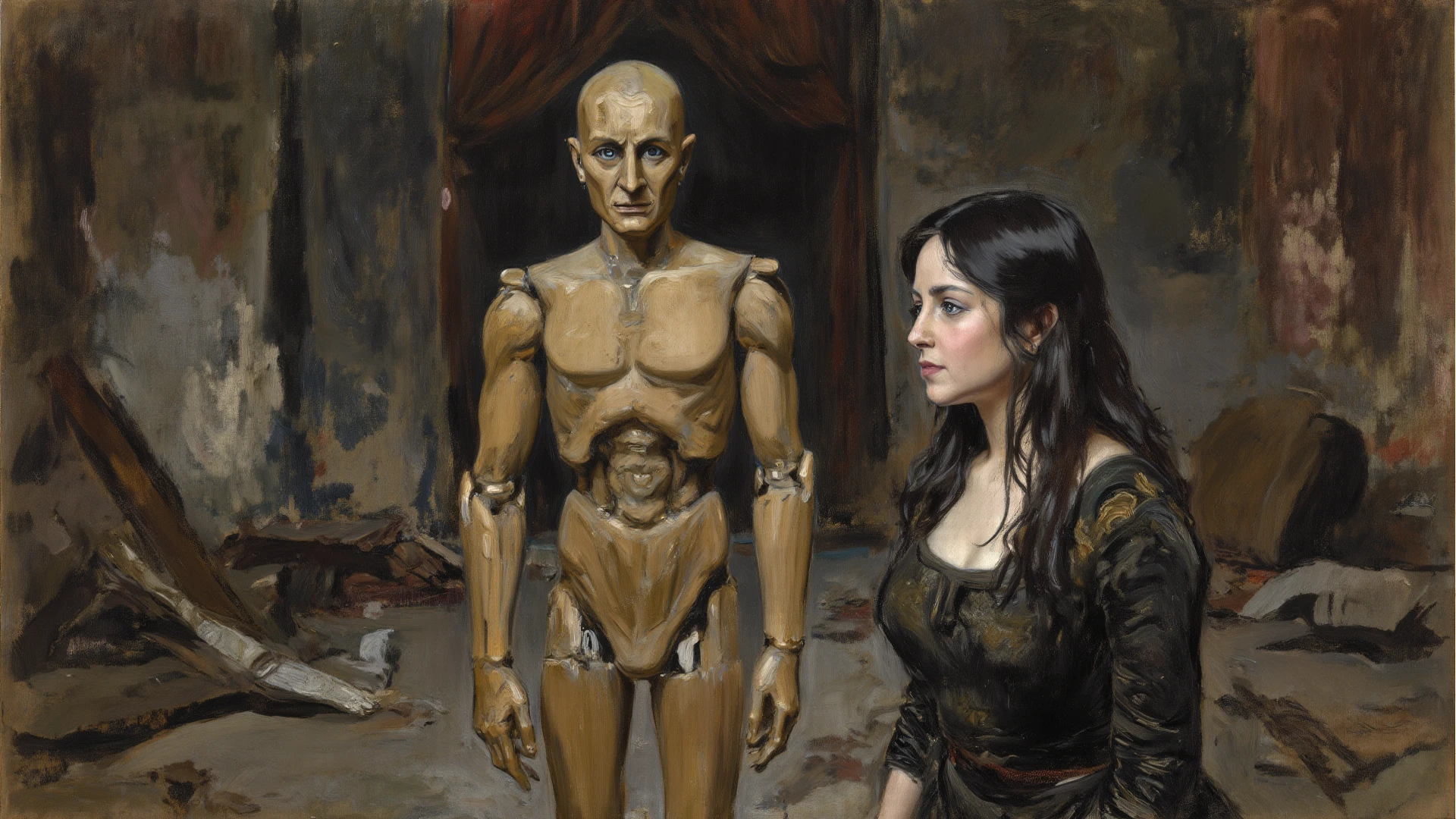 frankenstein em um paiting surreal por Max Ernst, Paul Delvaux e Leonor Fini