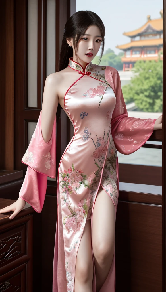 Marian Rivera, full body, (masterpiece:1.2, best quality), realistic, (real picture, intricate details), (1girl, solo), make up, parted lips, highly-detailed, perfect face, (huge breasts:1.3), (skindentation), thick thighs, small waist, tall, glossy coral lips, straight brunette hairs, red eyes, (wearing tight floral silk Ao Dai with syari hijab), (sweating:1.2), (wet), sexy, blushing, standing pose at bedroom, shy smile