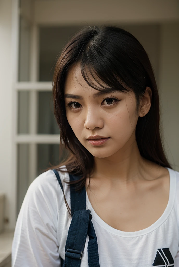 Asian woman, about 25 years old, with long hair and bangs, beautiful, a model in bright sunlight.