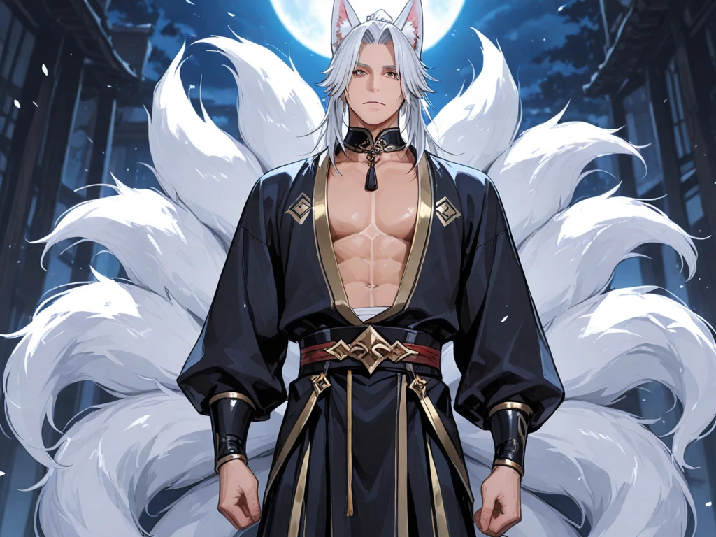 Athletic males,Blue-purple eyes,Has flowing white hair, There are wolf ears, There is a wolf tail, Shirtless, Playful, Solo, Alone, Has bright blue eyes, , Relax in bed, Wear a leather collar
