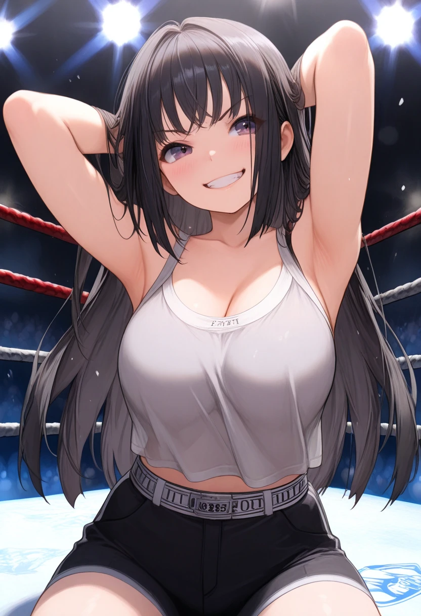 (A superb exquisite Chitanda Eru), (adult face), intricate details, (finely detailed beautiful eyes: 1.2), purple eyes, long black hair, natural straight hair, straight bangs, solo, [Small_breasts: large_breasts: 0.5], normal breasts, extremely delicate, peerless beautiful girl, dreamy quality, exaggerated facial features, solid color, delicate face, bright lips, slender waist, straight curves, soft lights and shadows, super fine, 8K, HD, (masterpiece:1.4), (((wrestling, ring, yellow t-shirt)))