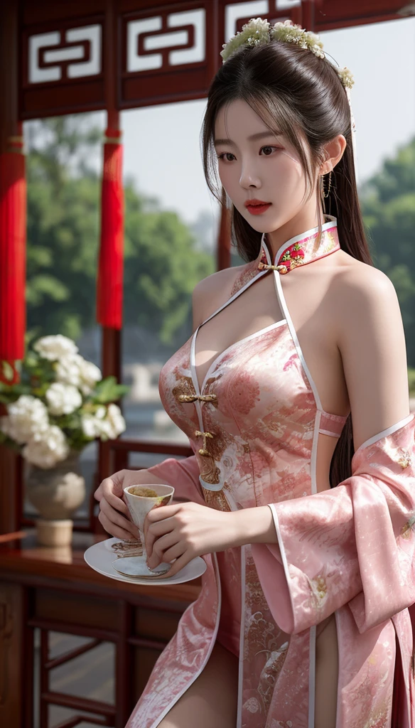 a woman in a floral dress standing in front of a store, infp young woman, anna nikonova aka newmilky, beautiful and aesthetic, of taiwanese girl with tattoos, a young asian woman, dilraba dilmurat, her face looks like an orchid, belle delphine, a cute young woman, wearing pink floral gown, beautiful aesthetic face