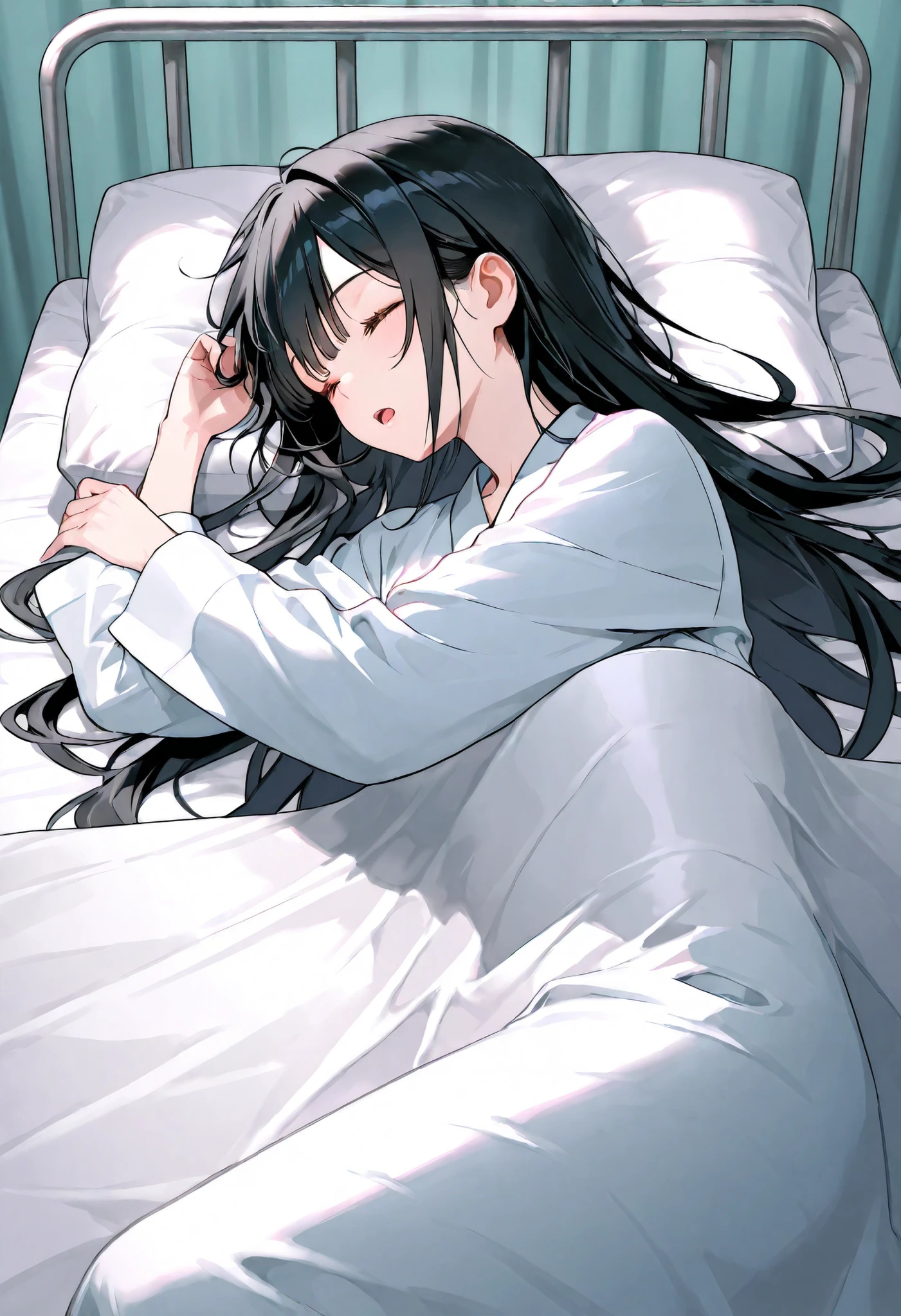 Japanese、long black hair、Hospital、female patient 、sleeping in bed、eyes closed、with open mouth、about my physical condition