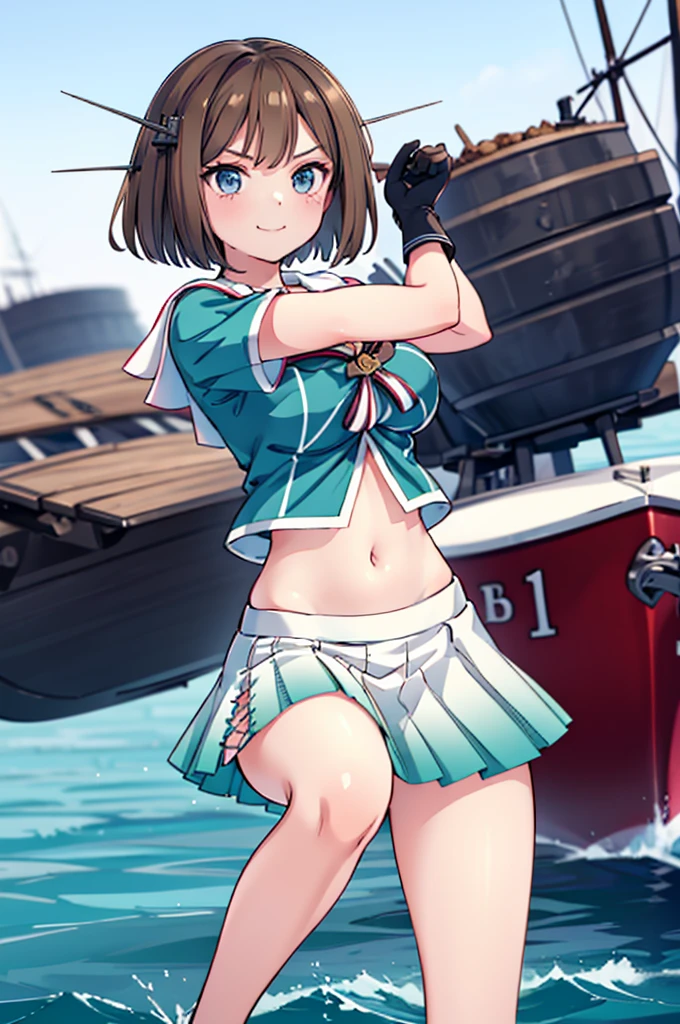 1young_teen_ girl, , brown_hair, medium_bob_hair, blue_midriff_baring_sailor_uniform, mini_skirt, short_sleeve, thighs, gigantic_breasts, (angry:0.6), smile,nihil,standing, harbor_landscape_background, slightly_spread_Legs, happiness, short_gloves, wet,,covered_nipples, covered_crotch,happy,