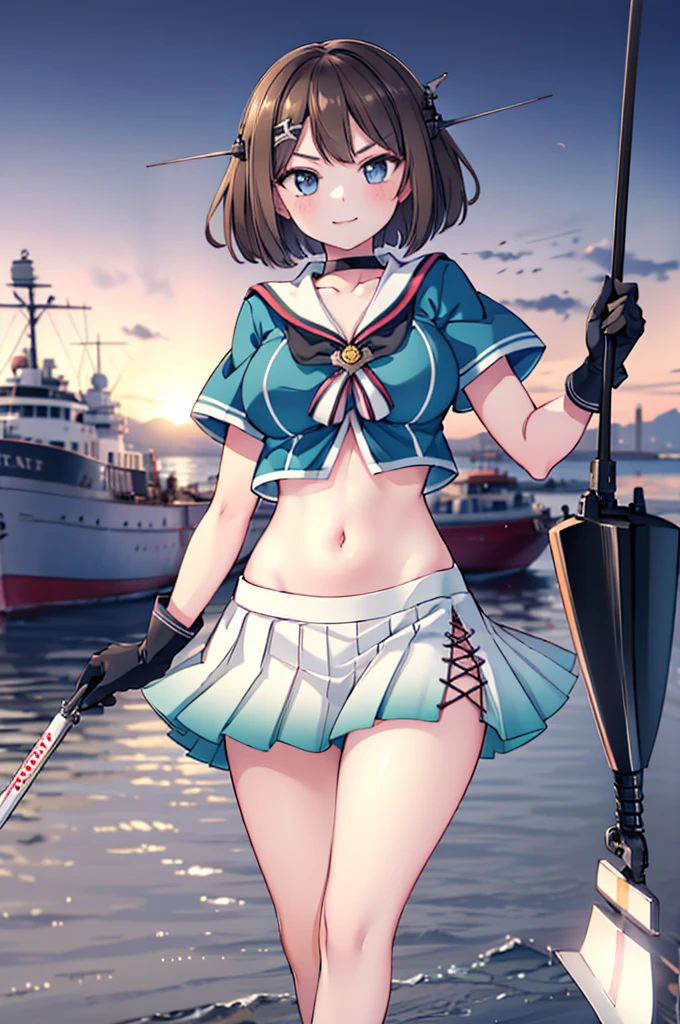anime girl in a bikini with a knife in her mouth, oppai, teasing smile, ecchi, with a large breasts, kantai collection style, biomechanical oppai, exciting illustration, Yoshitomo Nara, shikamimi, ecchi style, by Shingei, realistic bikini, (sfw) safe for work