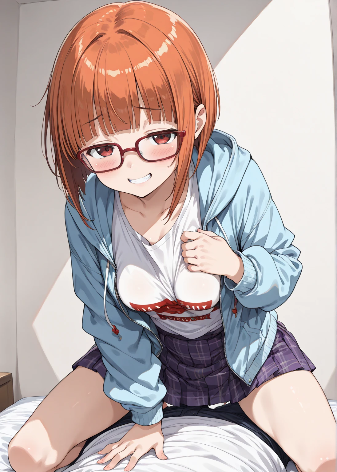 nsfw, (masterpiece), (photo realistic1.4), ultra high res, best quality, 8k,deep night time,park,comes one’s front:1.0,BREAK solo, 1girl, 20yo, an extremely beautiful girl, beautiful face, perfect face, cute symmetrical eyes, double eyelid, medium breasts, puffy_nipples, (perky breasts), narrow waist, pubic orange hair, bsp, pussy juice dripping, ((short hair, dark orange hair)), glasses,no makeup, sweaty body, standing, BREAK (tracksuit), (open clothes), breasts, nipples, nipple slip, pussy, pussy slip, (pubic dark orange hair:1.5), no panties, brushing, (embarrassed,smile), deep breathing, look away from viewer
