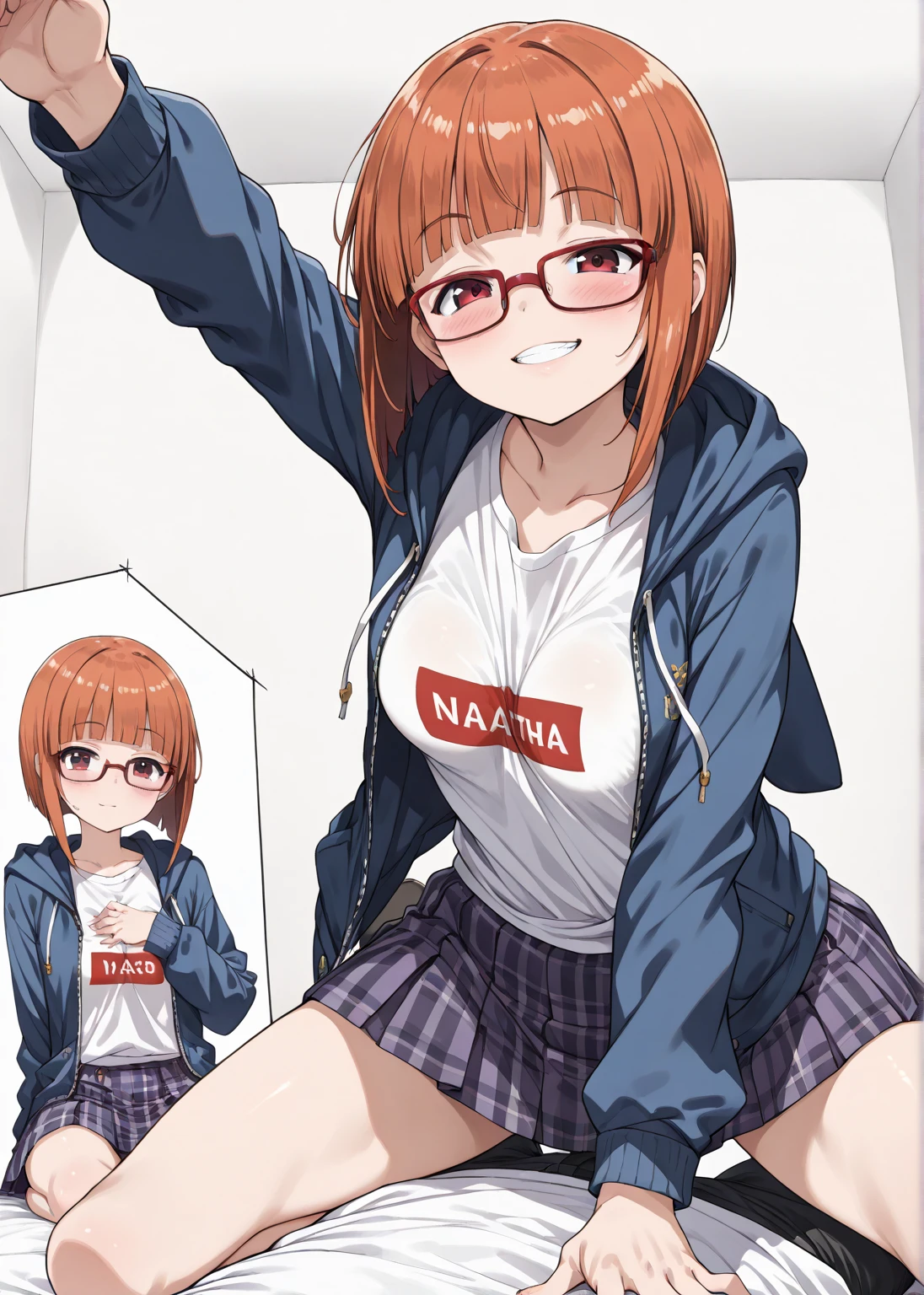 NSFW, (masutepiece), (photo realistic1.4), 超A high resolution, Best Quality, 8K,Indoor,Manga Cafe,come before:1.0,BREAK solo, 1girl in, 20yr old, extremely beautyful girl, Beautiful face, Perfect face, cute symmetrical eyes, double eyelid, medium breasts, puffies_Nipples, (perky breast), Narrow waist, (pubic dark orange hair:1.5), nffsw, Juice dripping, ((Short hair, dark orange hair)), Glasses,No makeup, Sweaty body, Standing, BREAK (Green Tracksuit), (open clothes east, Nipples, nipple slip, , slip, No panties,(embarrassed,Smile), open open mouth,((Tongue out)),breathing deeply, Feel good,indecency,Close one eye,look away from the viewer,