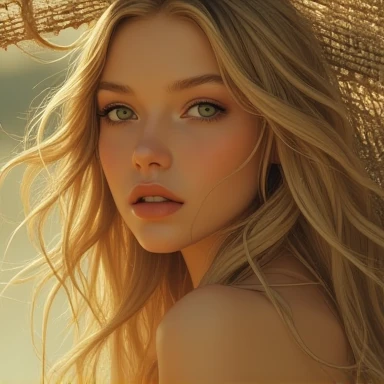 woman, riding a surfboard, hand on the wave, very big wave, long blonde hair, sexy, messy hair, green eyes, bright pupils, sun(unparalleled beauty: 1.5), rear view, portrait, (blush: 1.2 , expression of a girl in love: 1.3), sharp focus, perfect hands, perfect light, eroticism, sexy, (best quality,4k,8k,highres,masterpiece:1.2),ultra-detailed,(realistic,photorealistic,photo-realistic:1.37),intricate details,vivid colors,sharp focus,professional,Dave McKean artwork, oil touch of surrealism,oil painting style,portrait,woman,beautiful detailed eyes,beautiful detailed lips,dreamlike atmosphere,shadow play,soft lighting,playful pose,minimalist room,dark hues,ethereal background,fantasy elements,texture,layered composition.